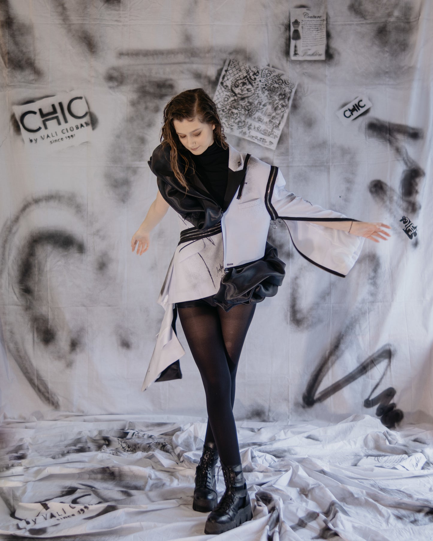 Puzzle Hand-painted Smoking Jacket With Metallic Zippers