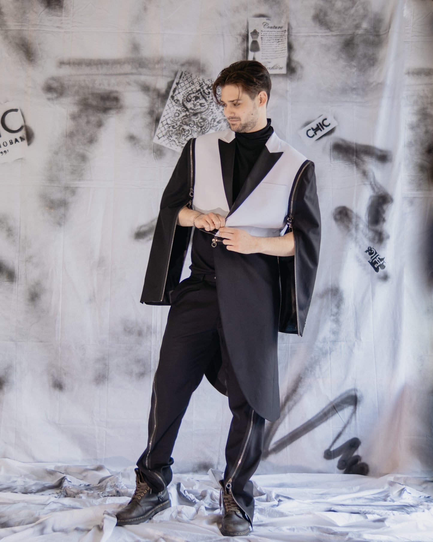 Puzzle White Smoking Jacket With Metallic Zippers