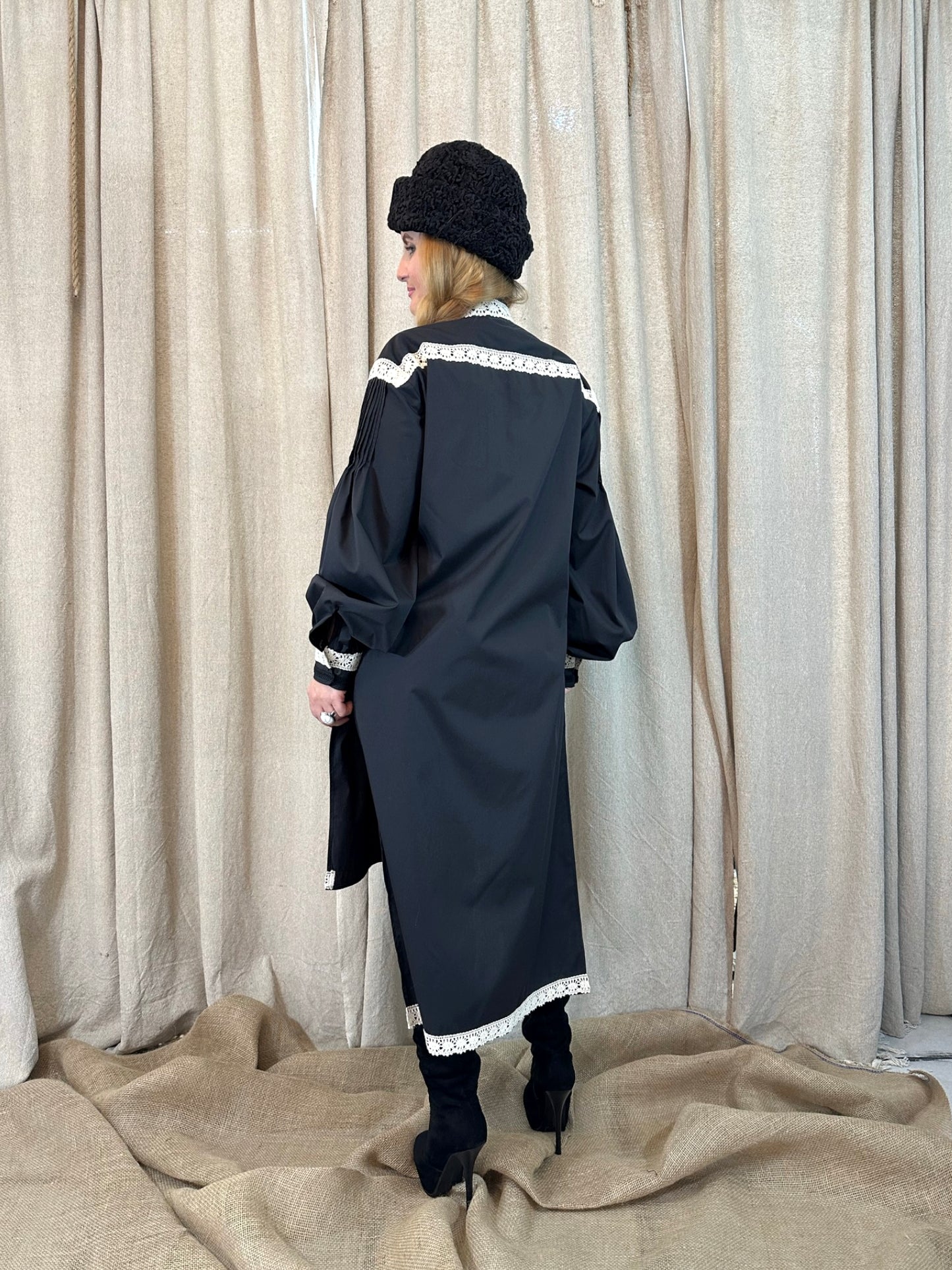 Long Black Shirt With Traditional Lace Details