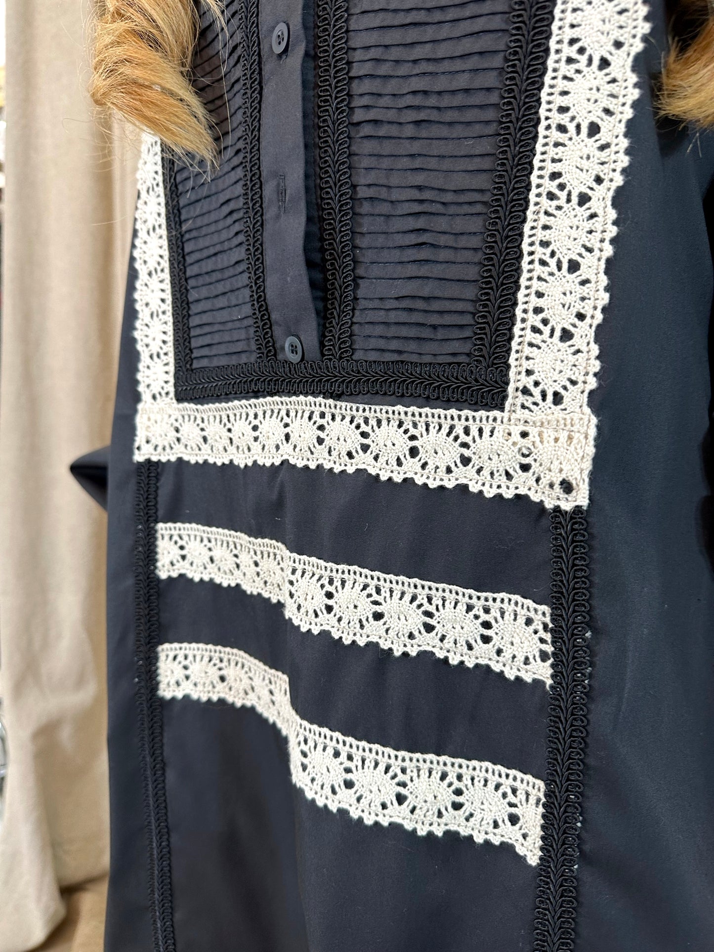 Long Black Shirt With Traditional Lace Details