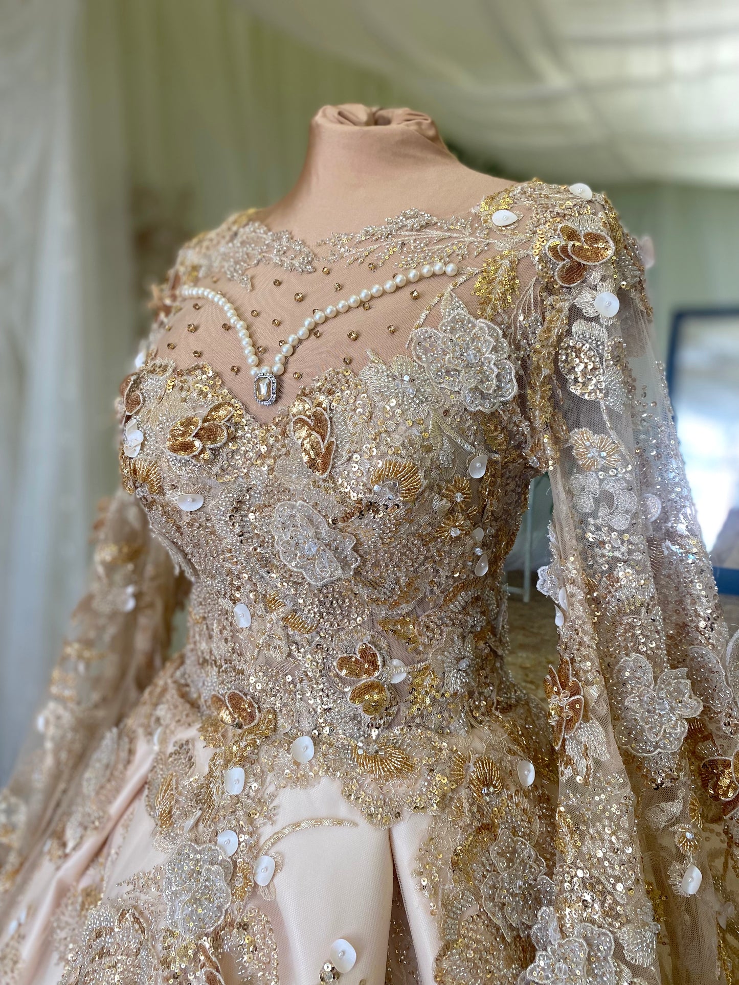 Golden Wedding Dress with 3D Floral Details