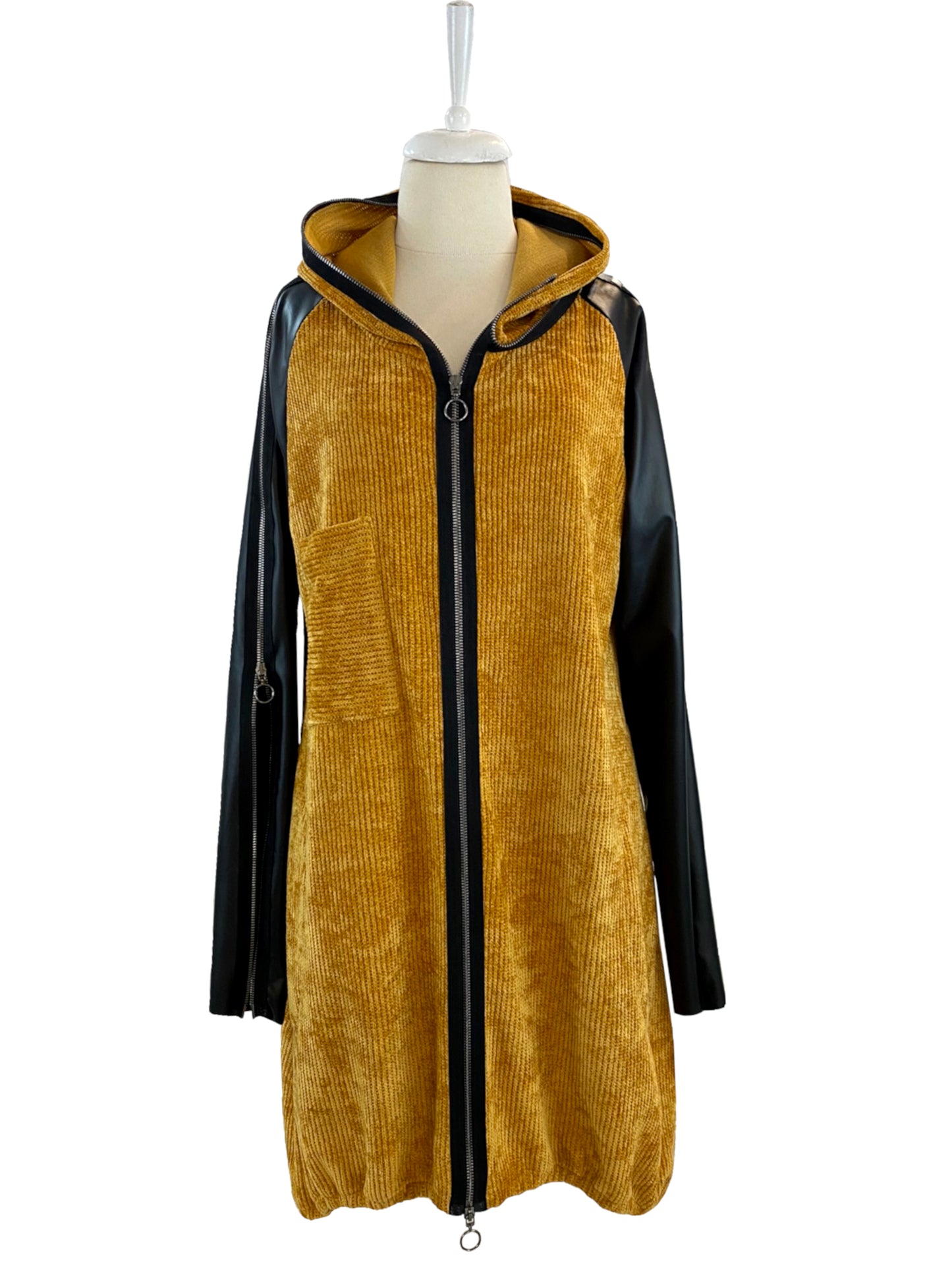 Yellow Hooded Jersey With Faux Leather Sleeves