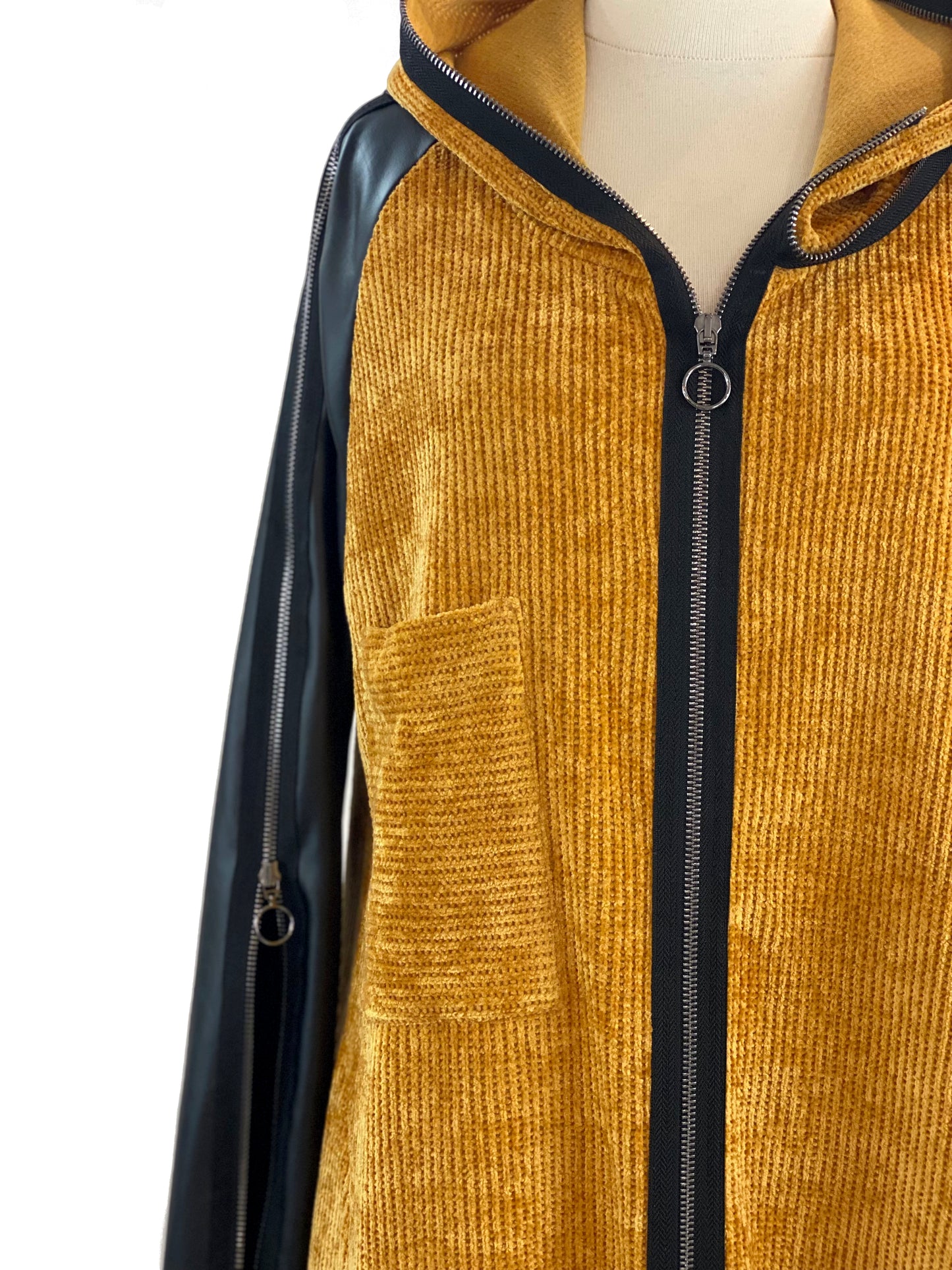 Yellow Hooded Jersey With Faux Leather Sleeves