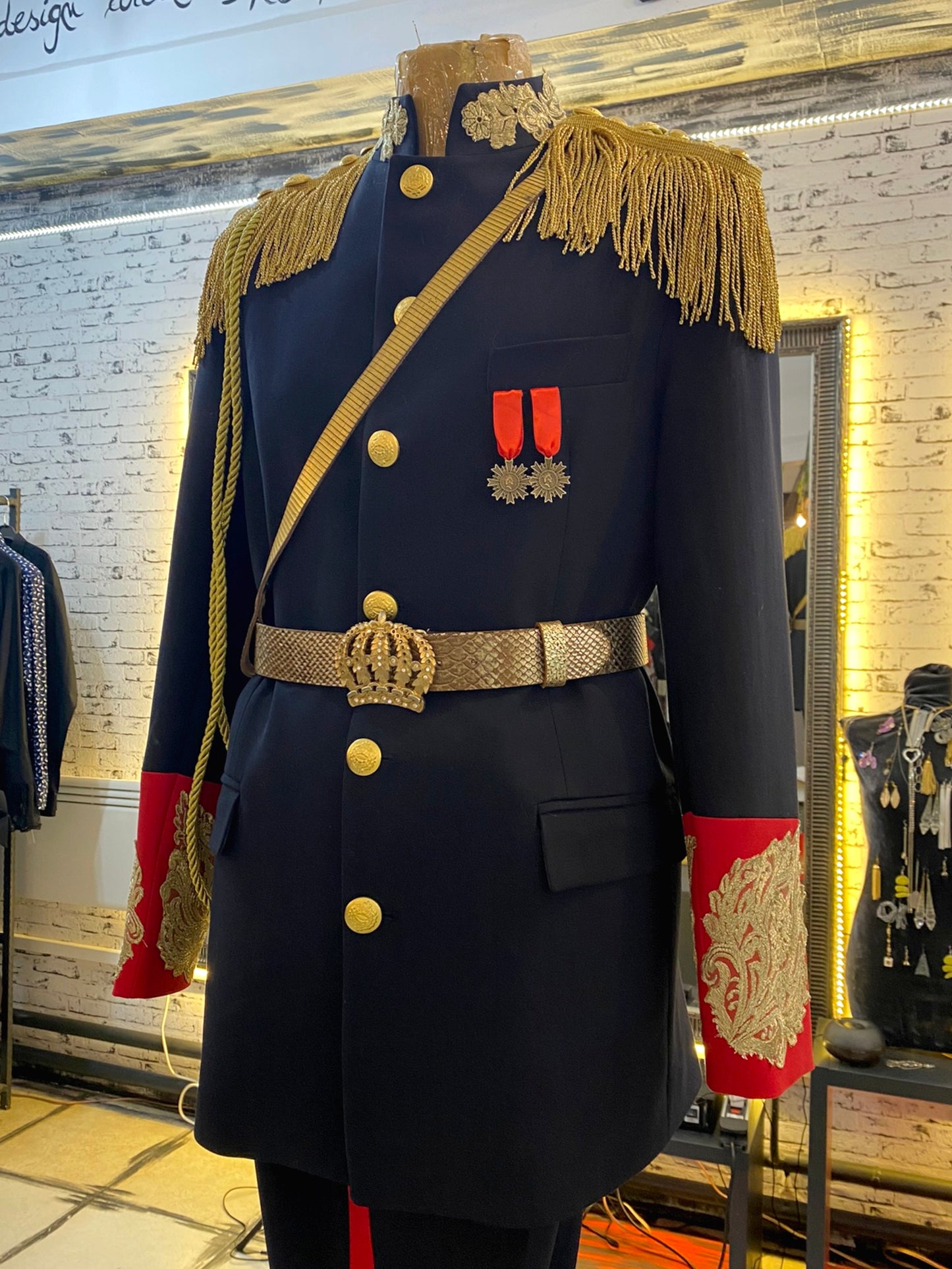 Navy Jacket With Fringed Epaulettes and Golden Embroidery