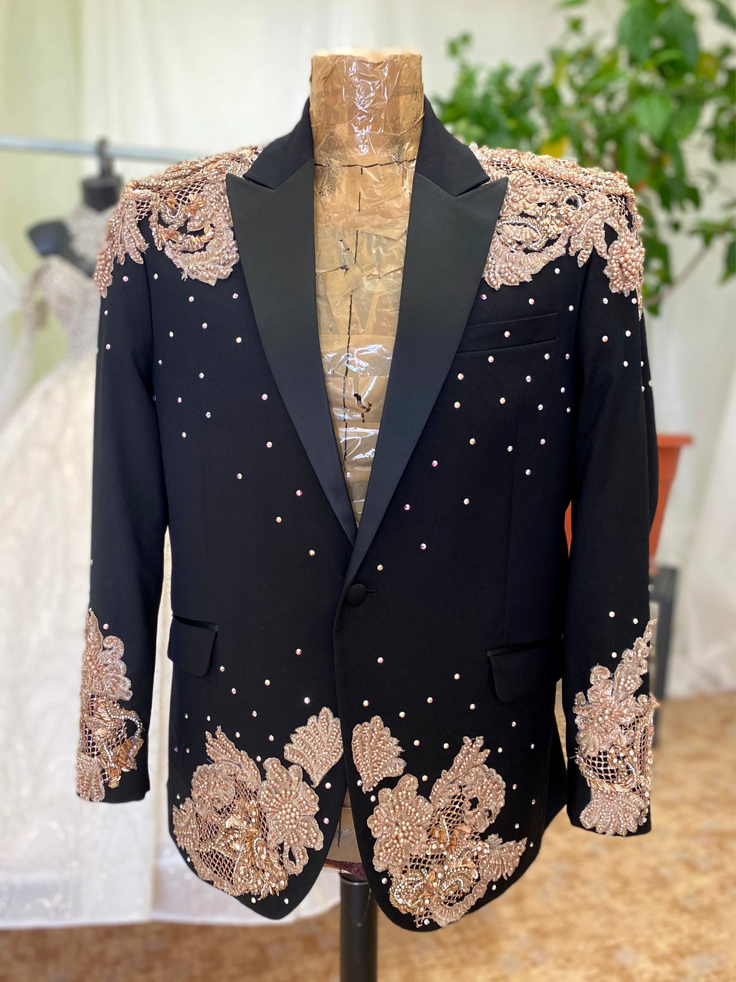 Black Smoking With Rose Gold Embroidery And Crystals