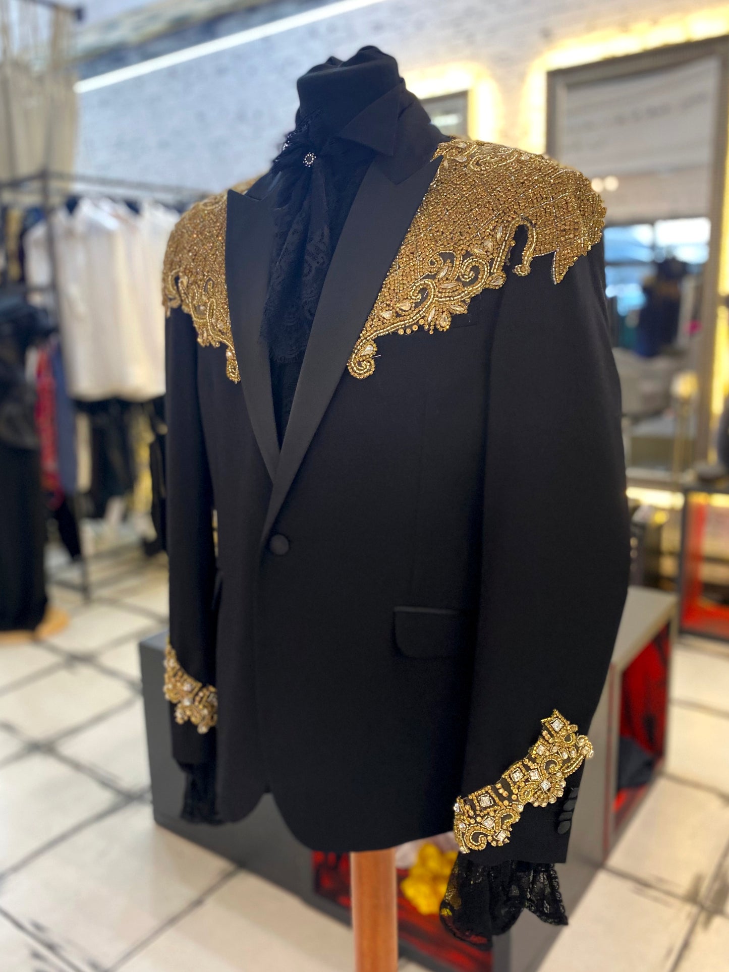 Black Smoking With Golden Crystal Embroidery