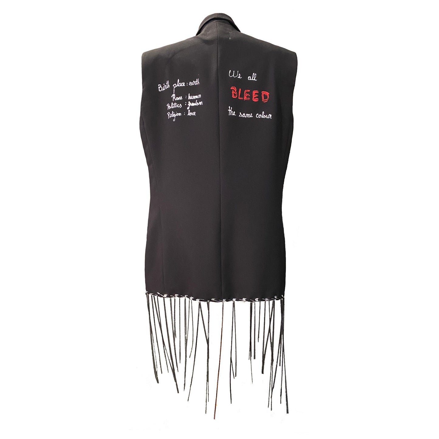 Black Vest With Hand-Painted Details, Safety Pins And Chains