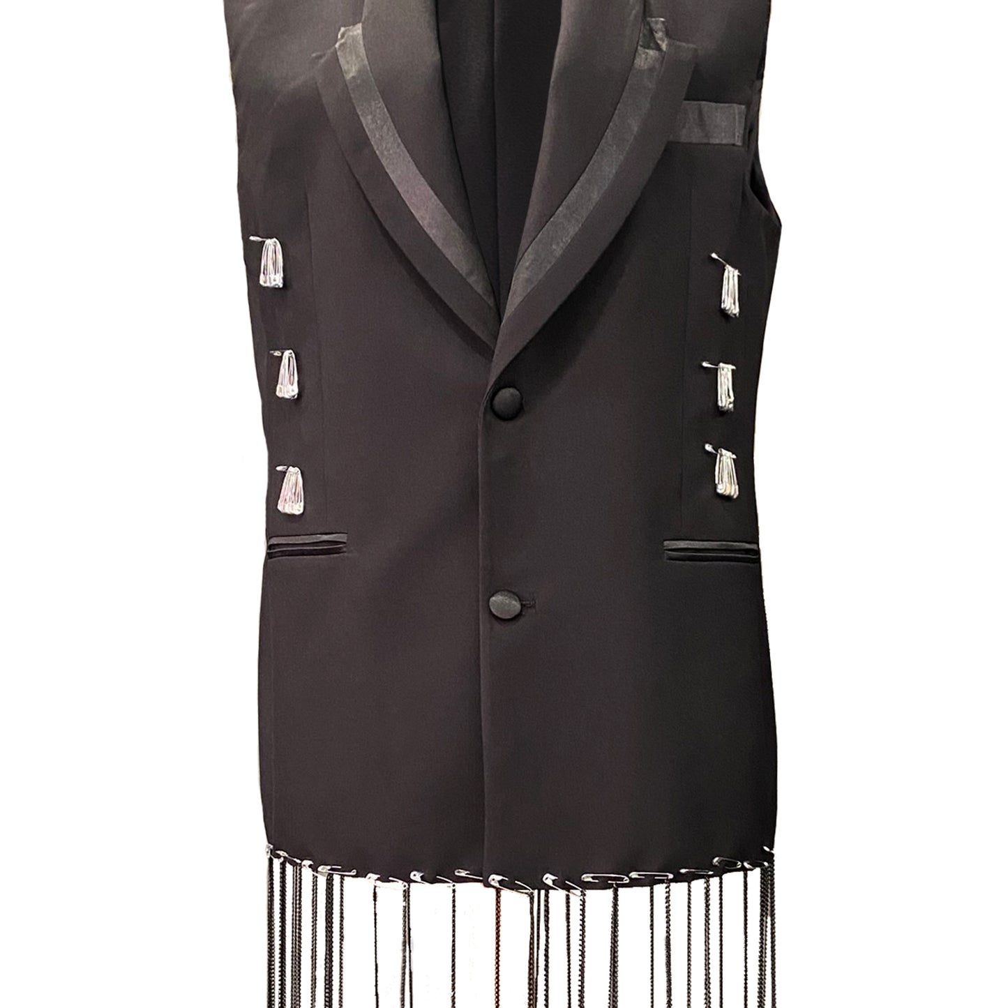 Black Vest With Hand-Painted Details, Safety Pins And Chains