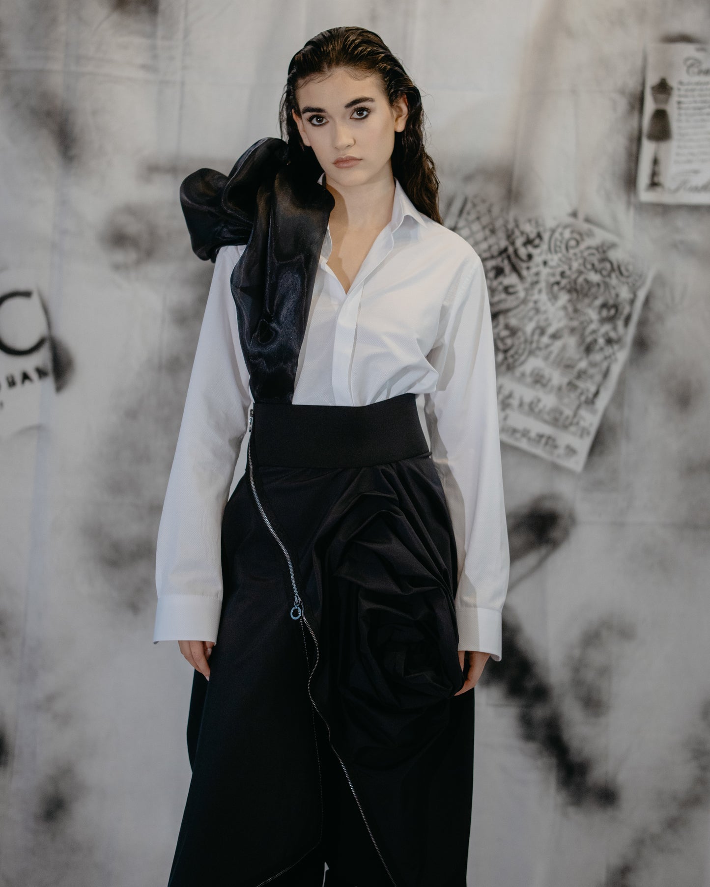 Puzzle White Shirt With Black Organza
