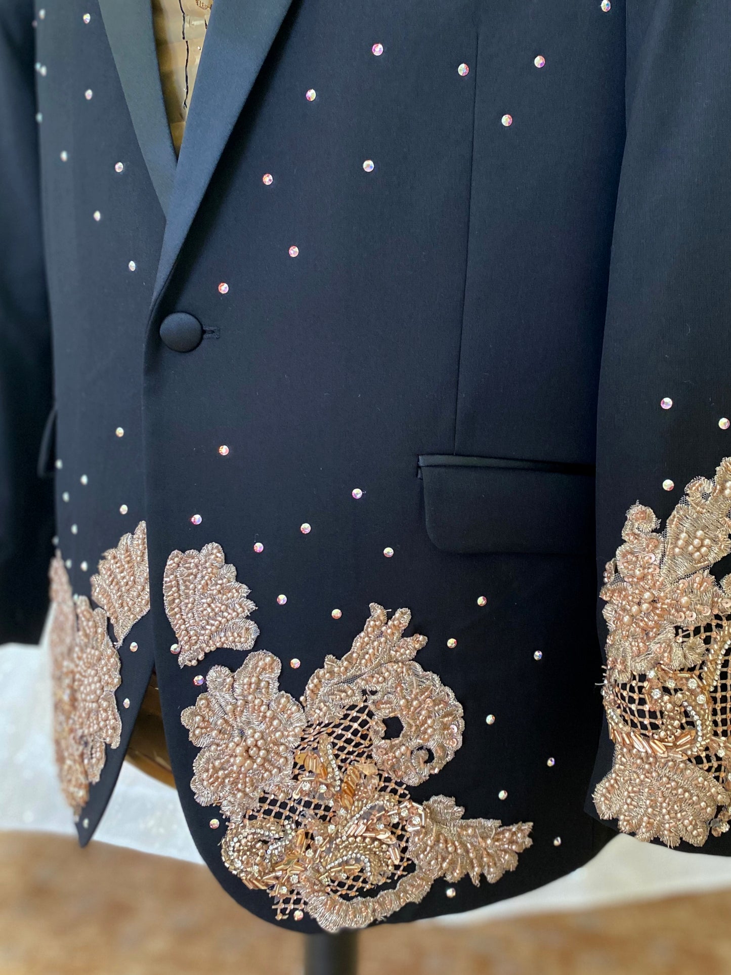 Black Smoking With Rose Gold Embroidery And Crystals