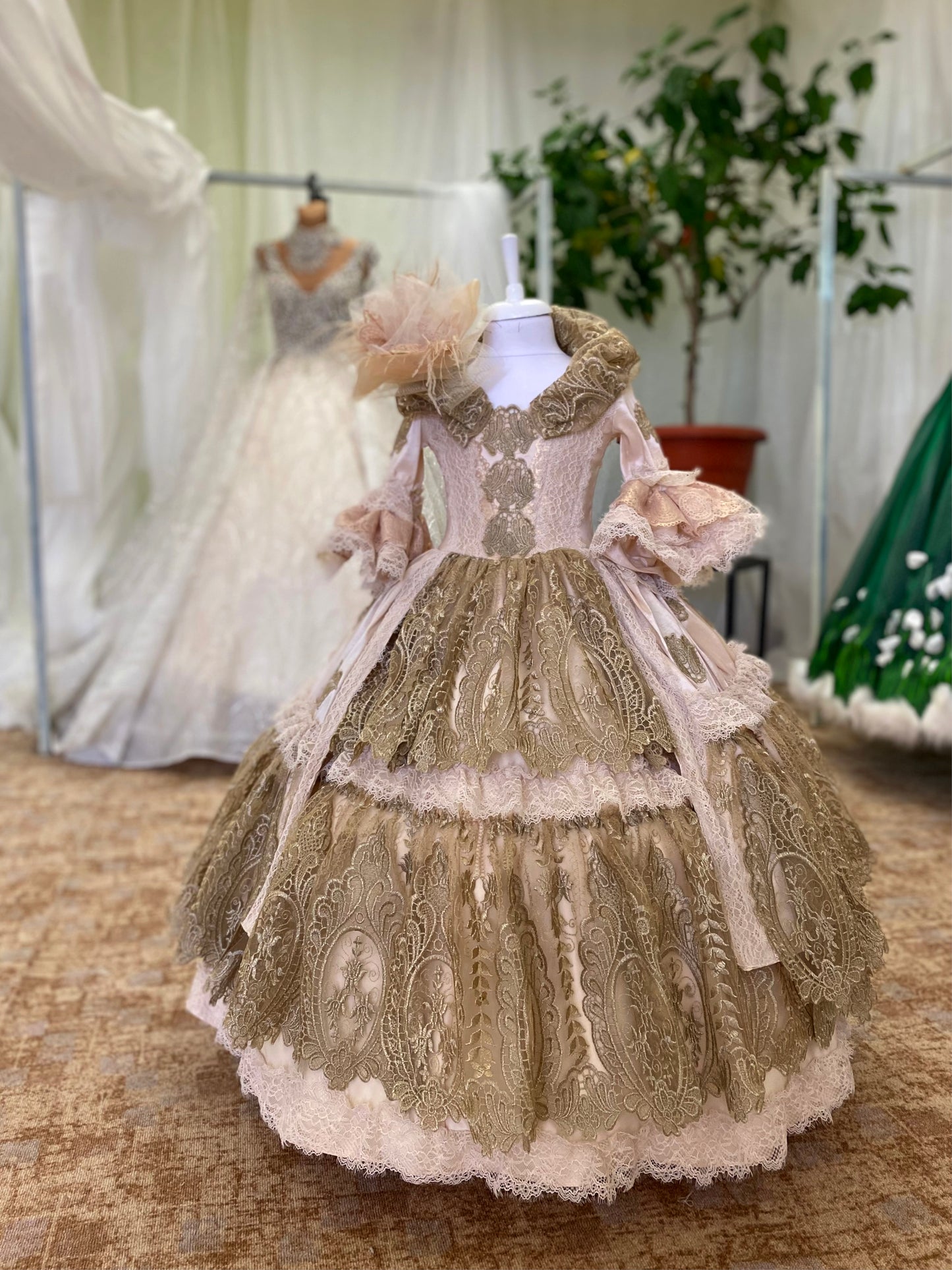 Peach Princess Dress With Golden Embroidery
