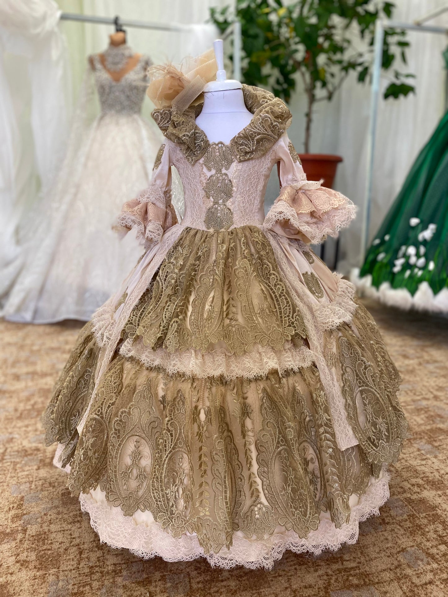 Peach Princess Dress With Golden Embroidery