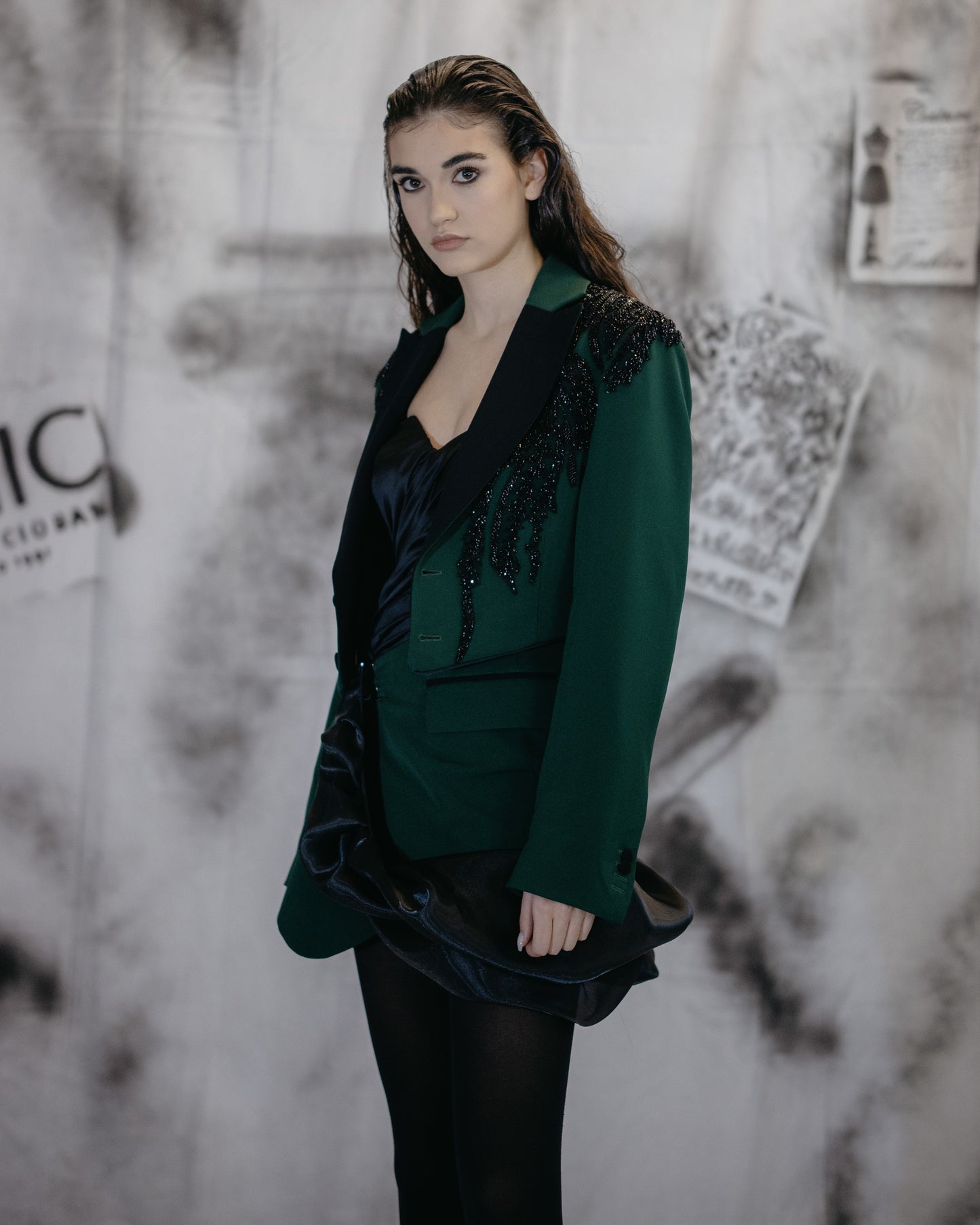 Puzzle Green Blazer With Embroidery