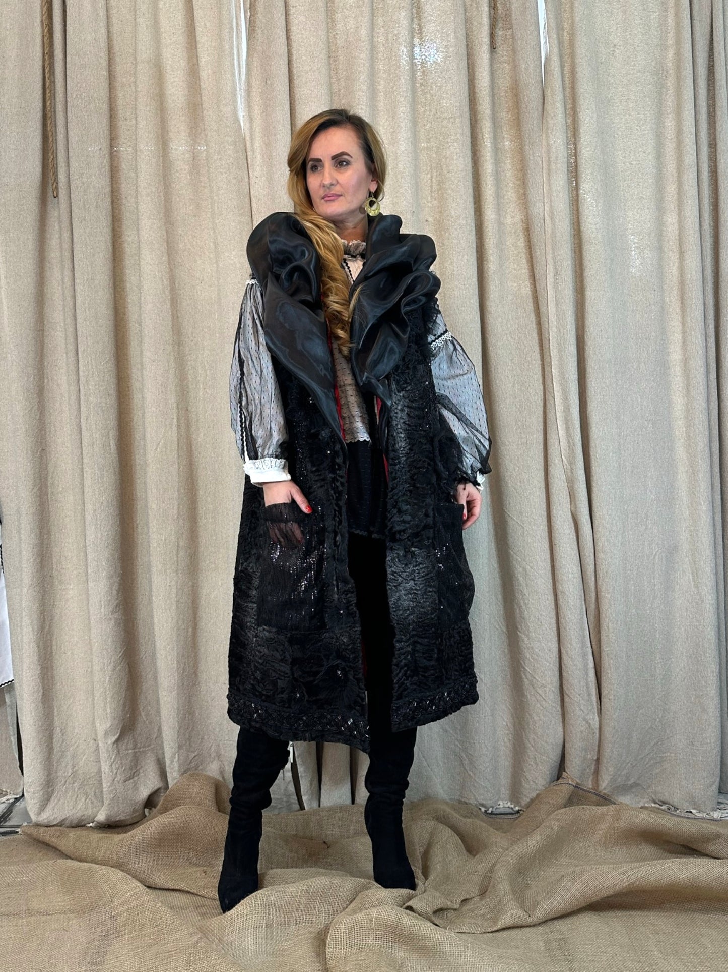 Romanian Folklore Inspired Black Fur Vest