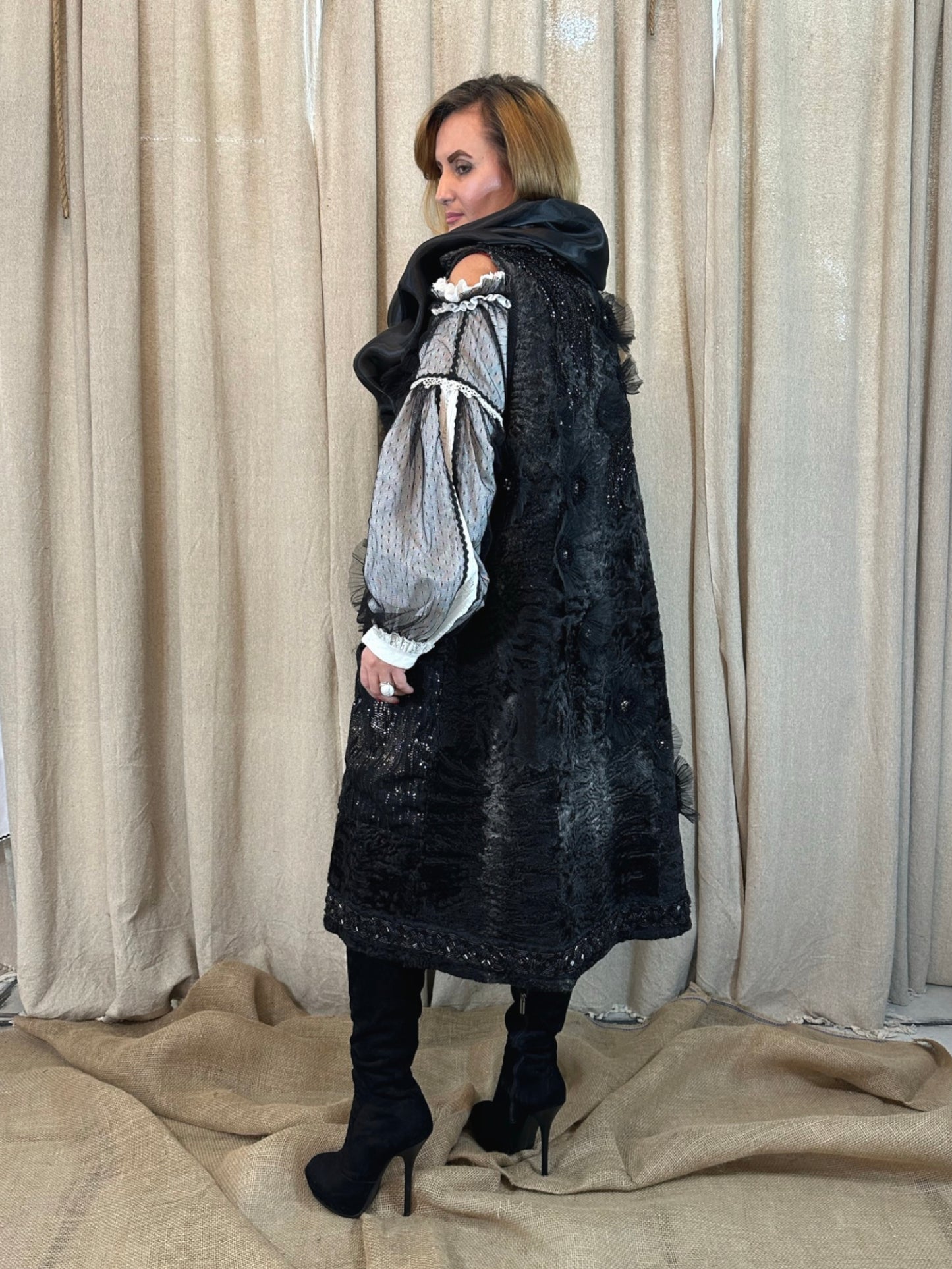 Romanian Folklore Inspired Black Fur Vest
