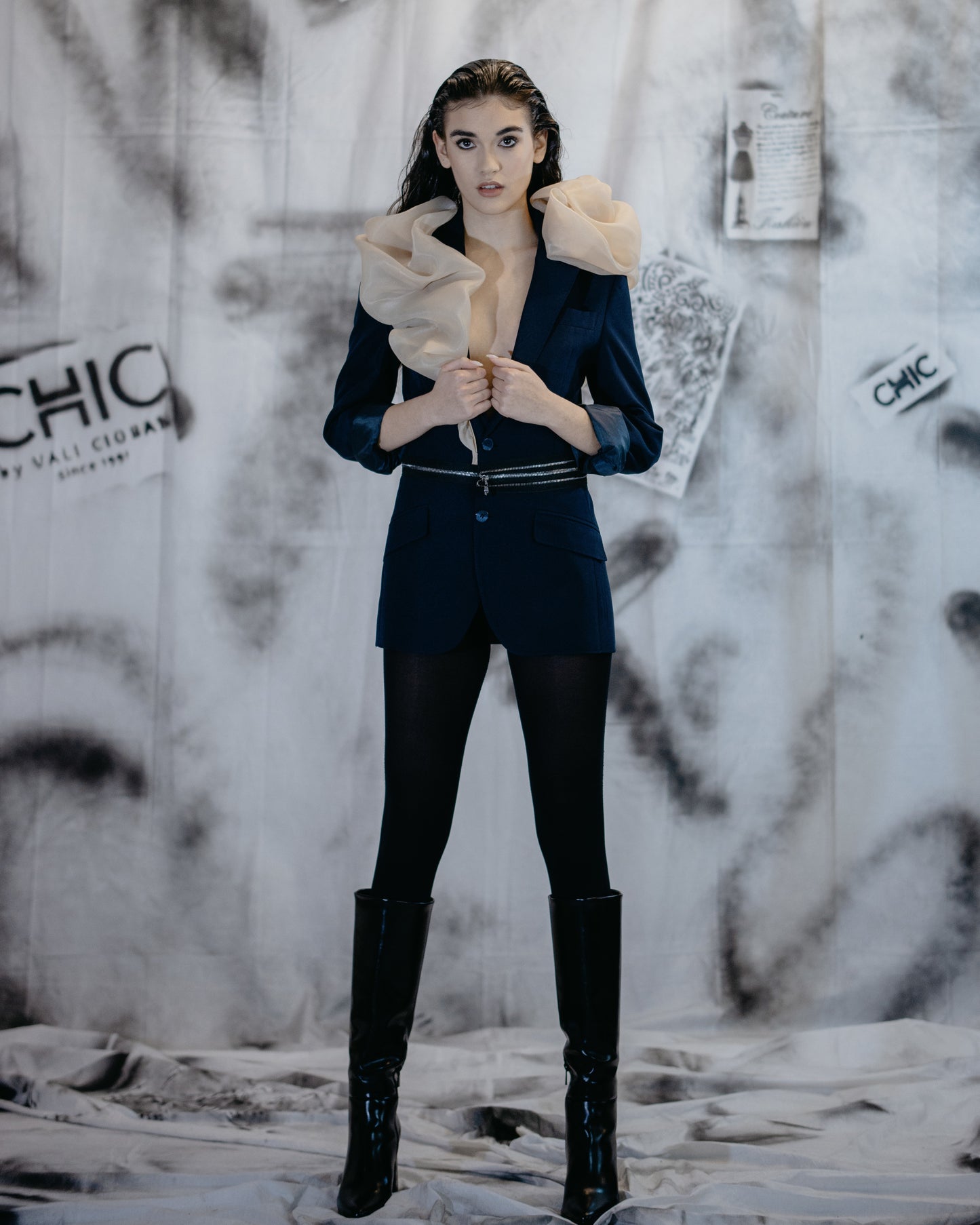 Puzzle Navy Jacket With Nude Organza
