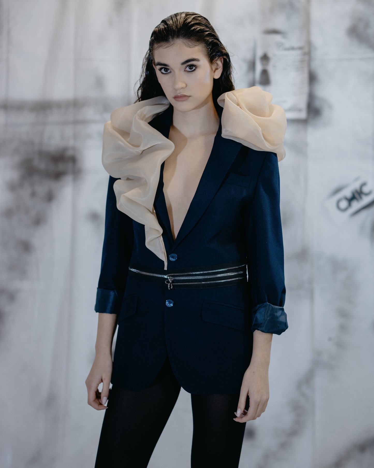 Puzzle Navy Jacket With Nude Organza