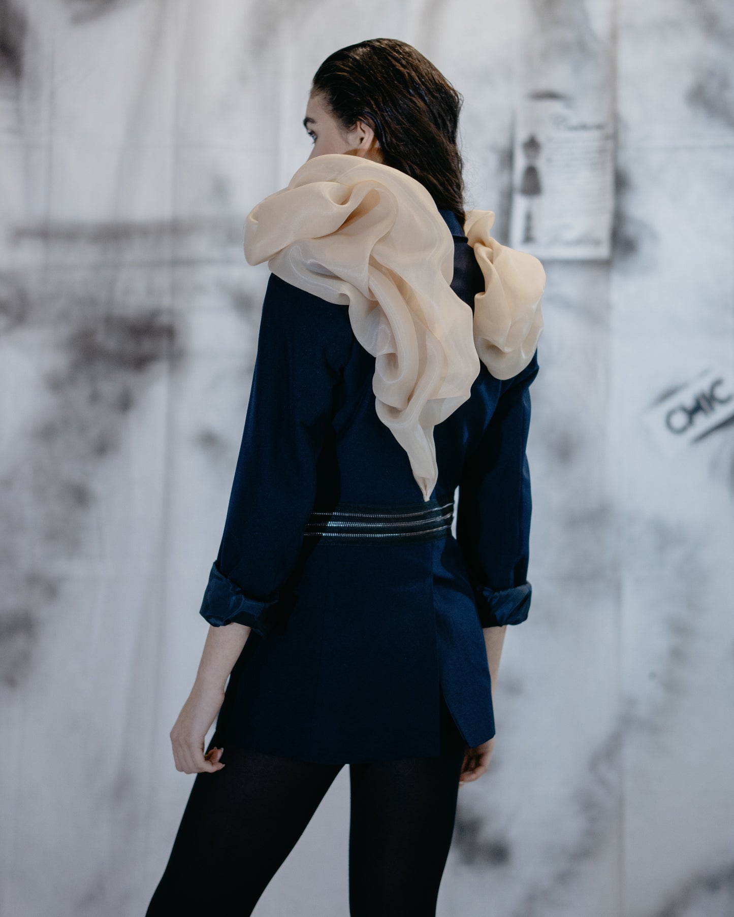 Puzzle Navy Jacket With Nude Organza