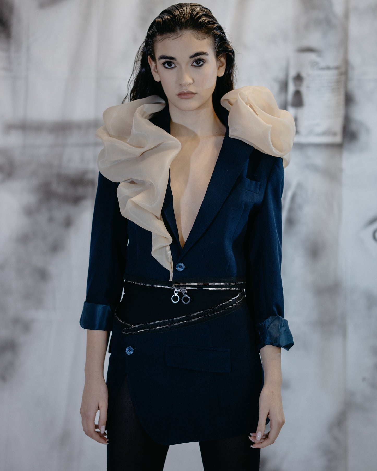 Puzzle Navy Jacket With Nude Organza