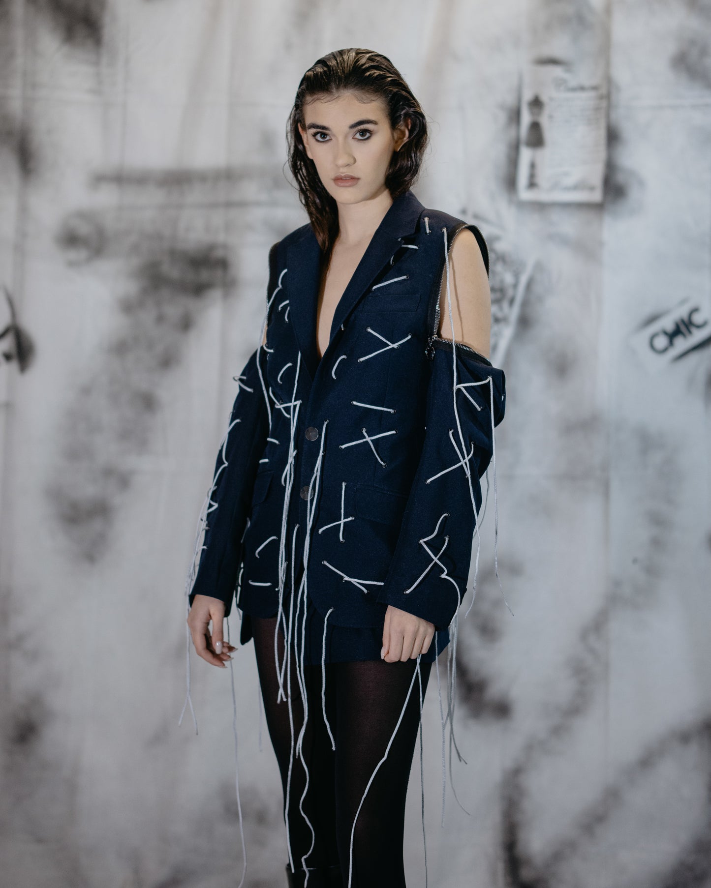 Puzzle Thread Blazer With Metallic Zippers