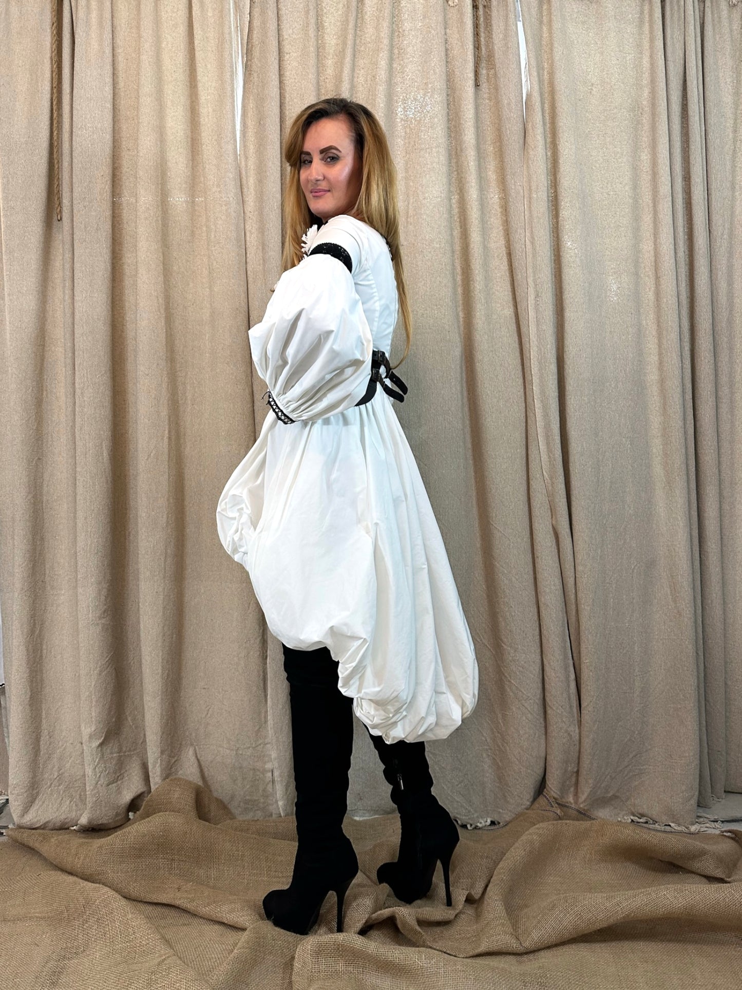 White Taffeta Dress With Black Embroidery