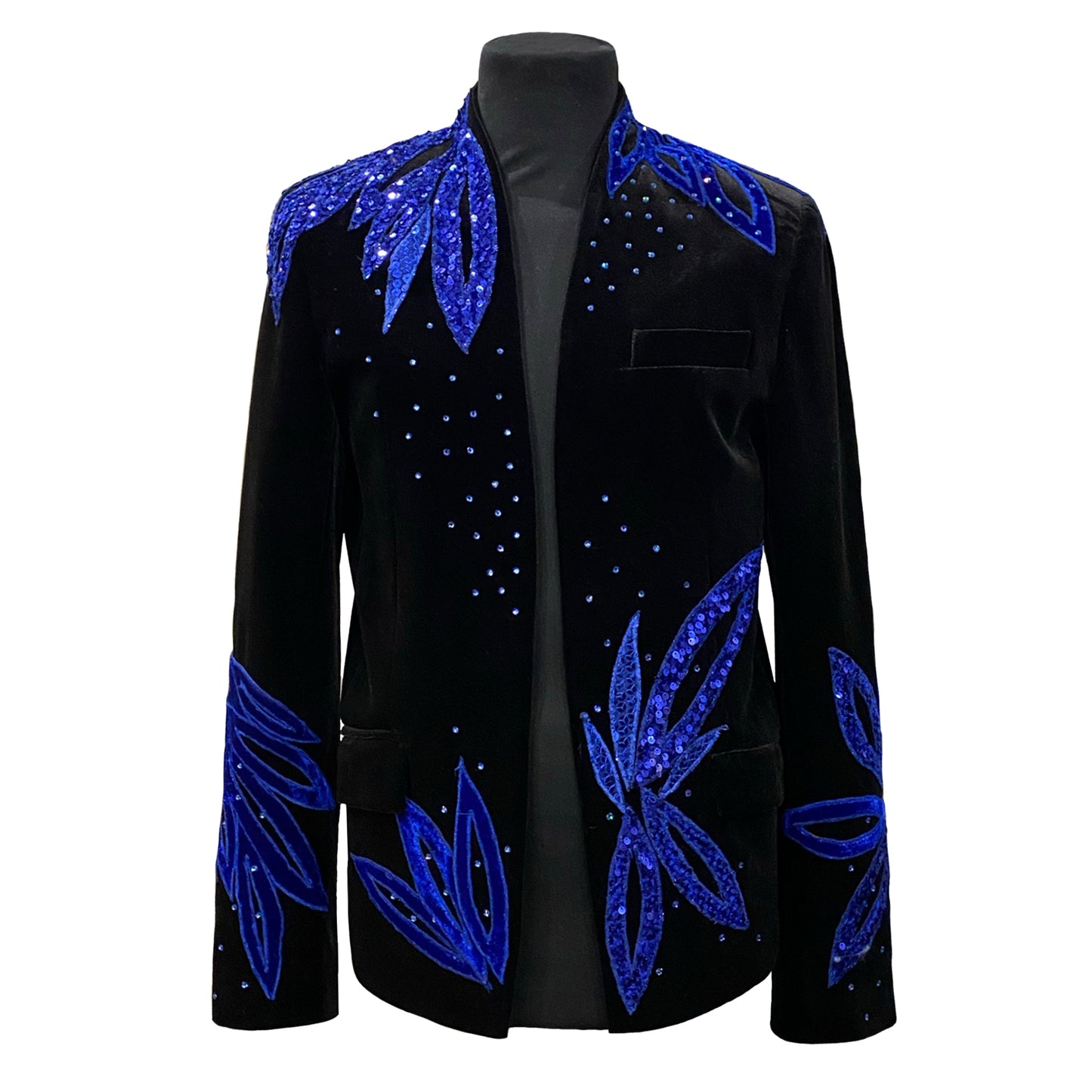 Black Velvet Jacket With Blue Embroidery And Swarovski Crystals