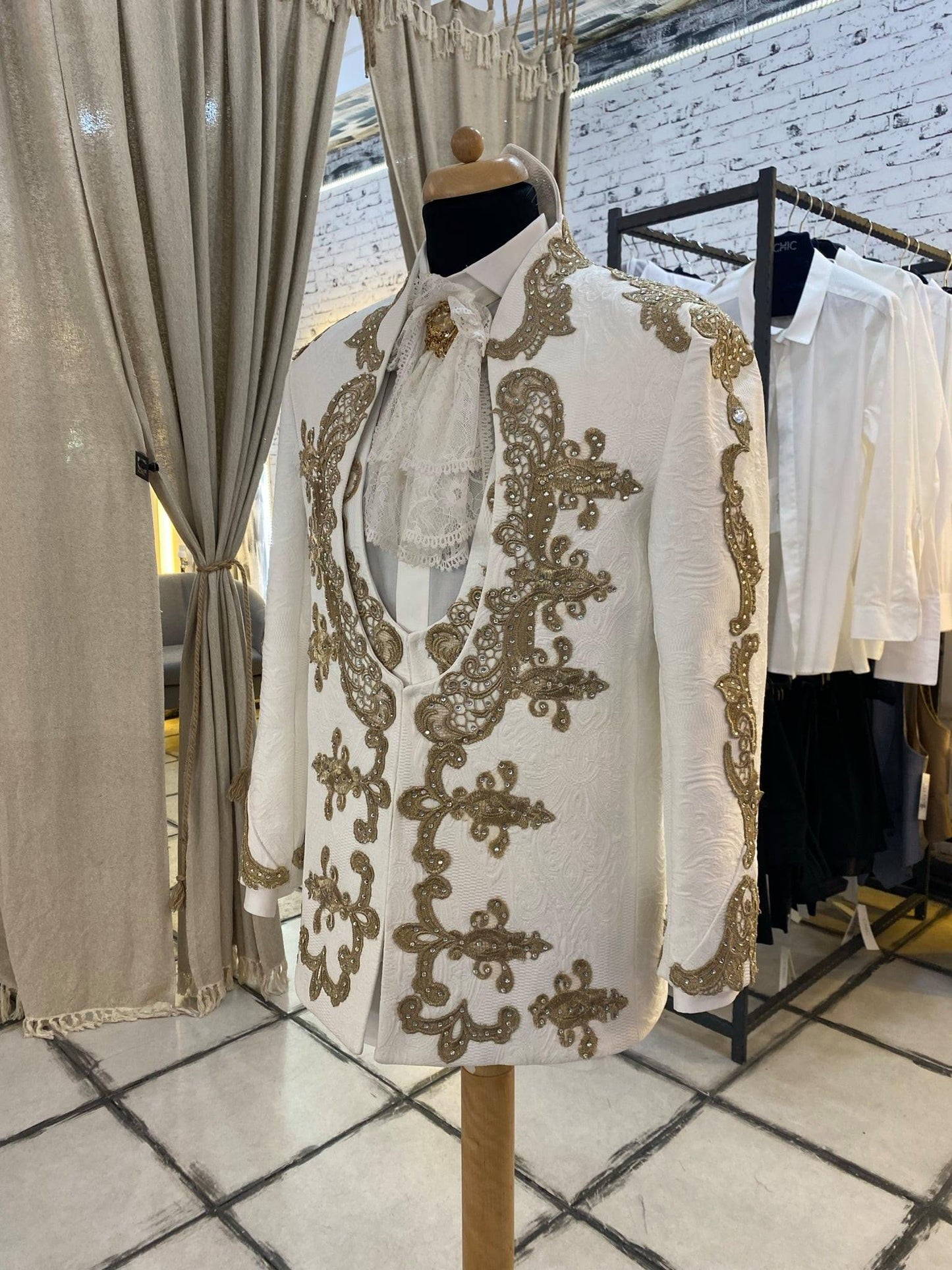 Ivory Suit With Golden Embroidery And Crystals