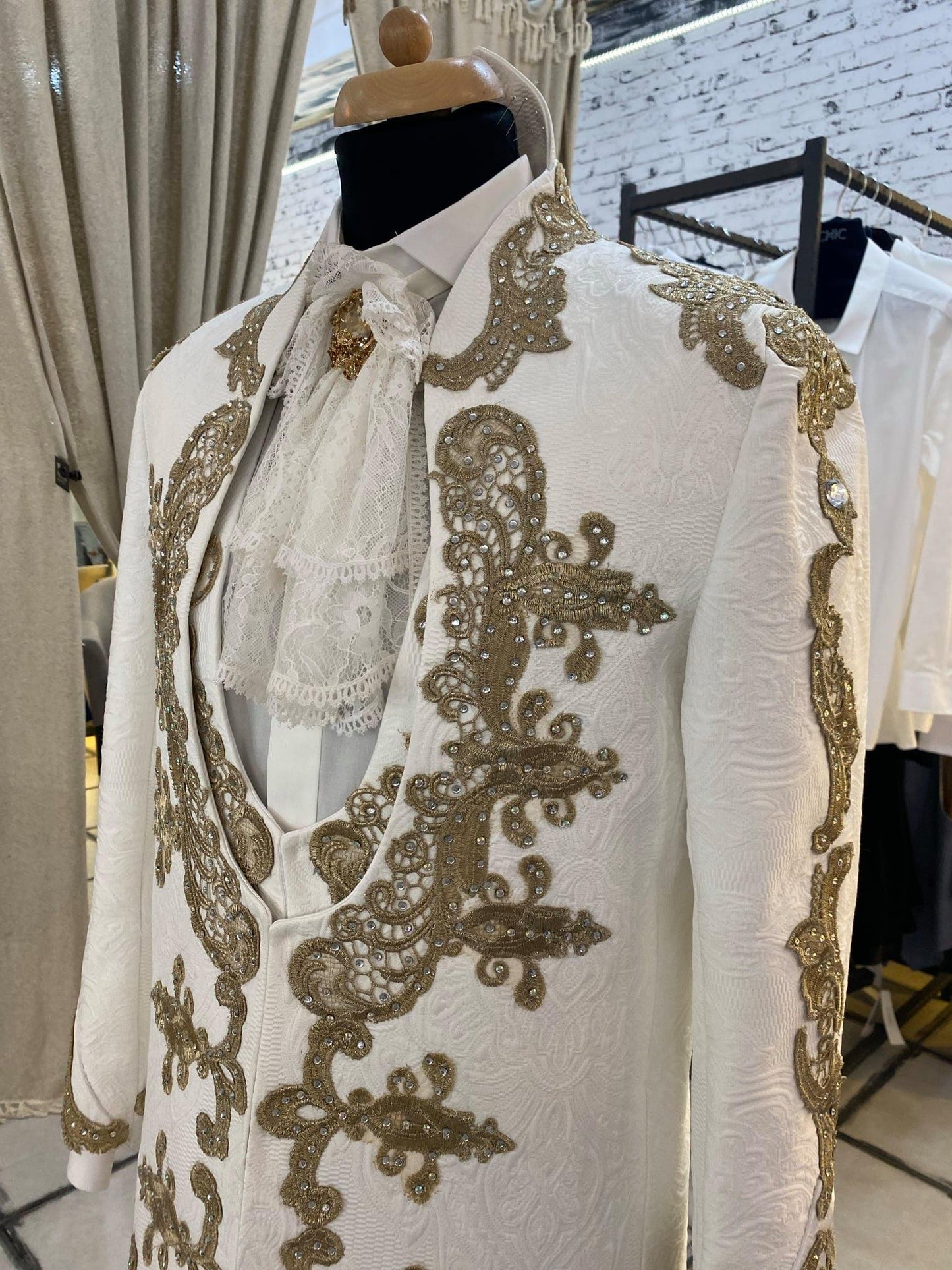 Ivory Suit With Golden Embroidery And Crystals