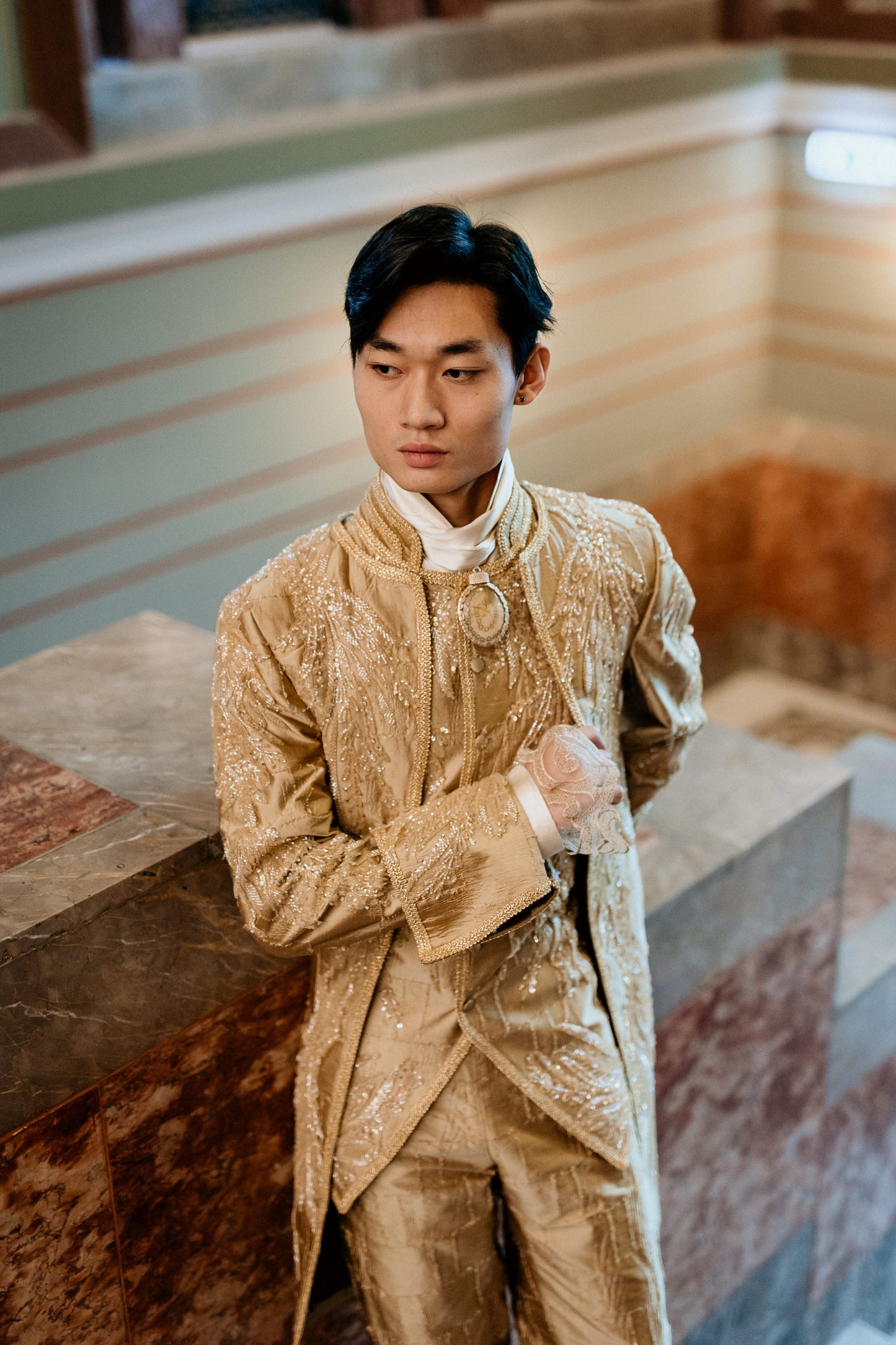 Golden Brocade Suit With Embroidery