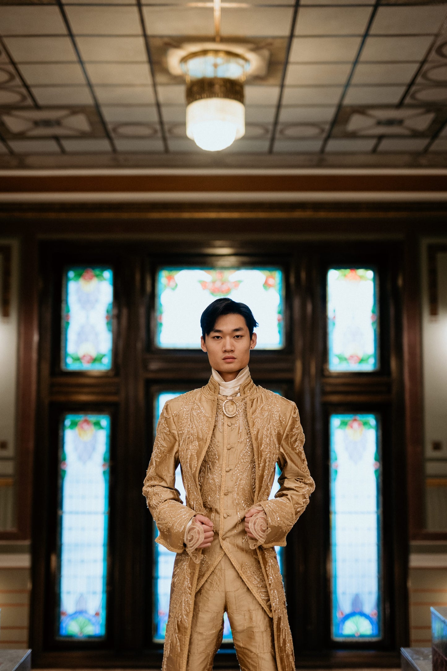Golden Brocade Suit With Embroidery