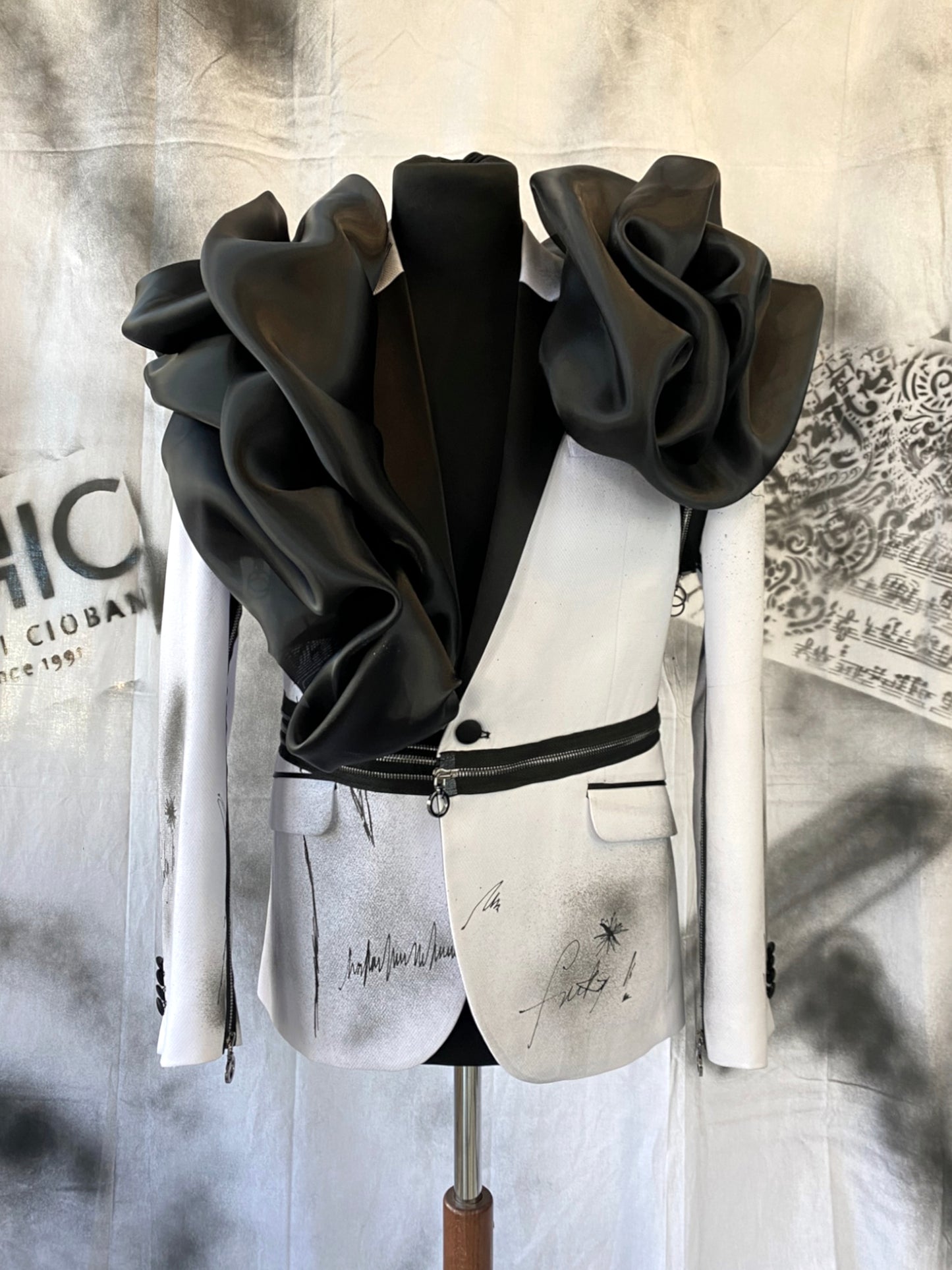 Puzzle Hand-painted Smoking Jacket With Metallic Zippers