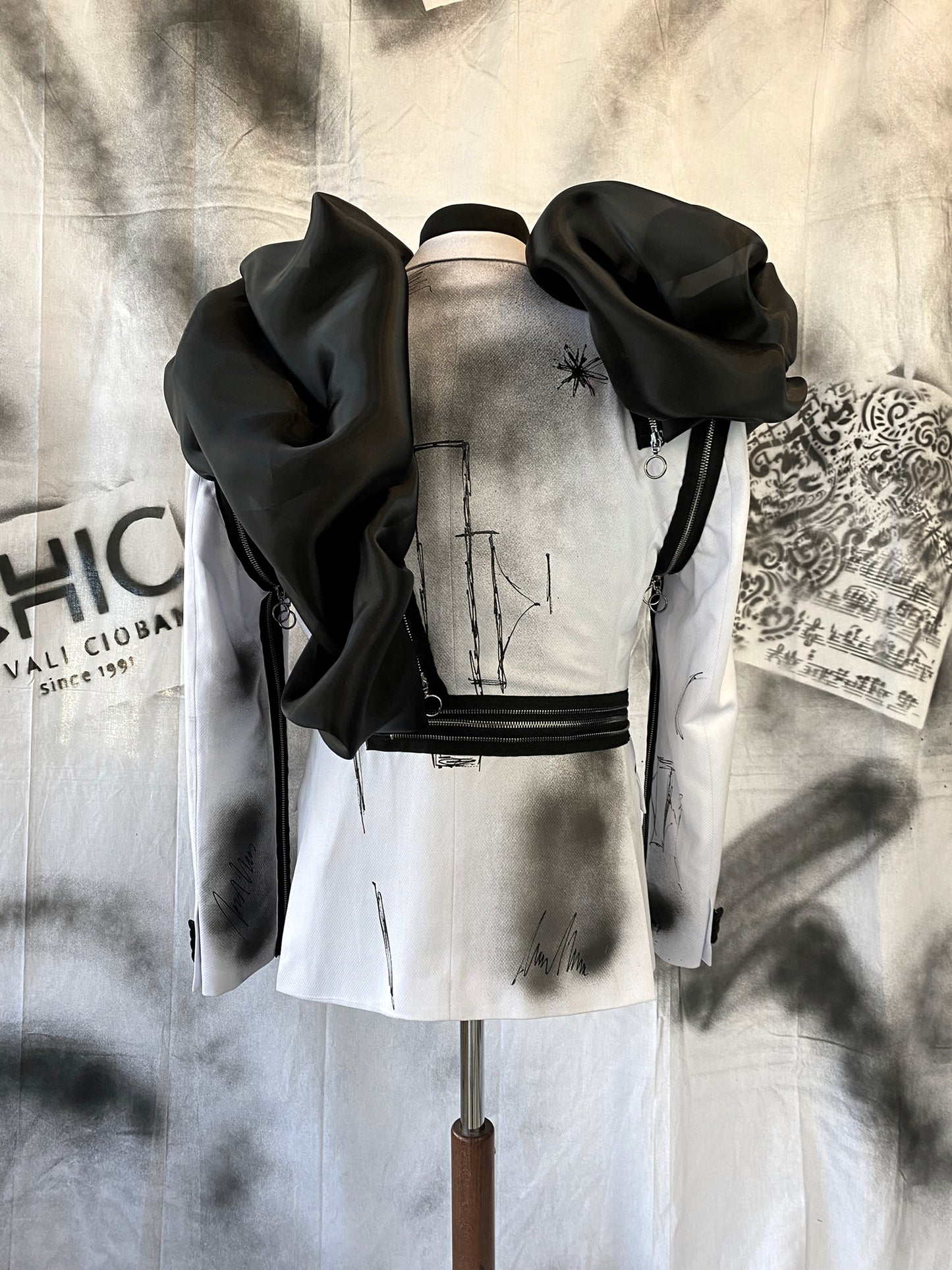 Puzzle Hand-painted Smoking Jacket With Metallic Zippers