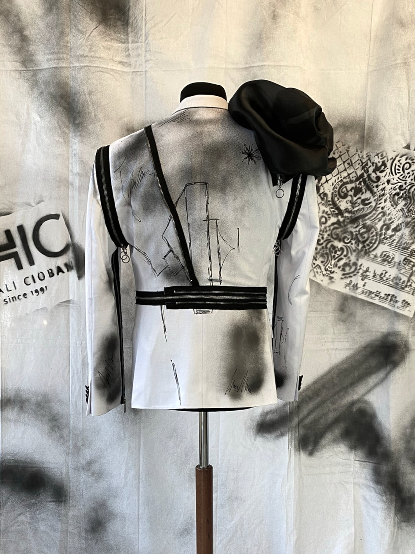 Puzzle Hand-painted Smoking Jacket With Metallic Zippers