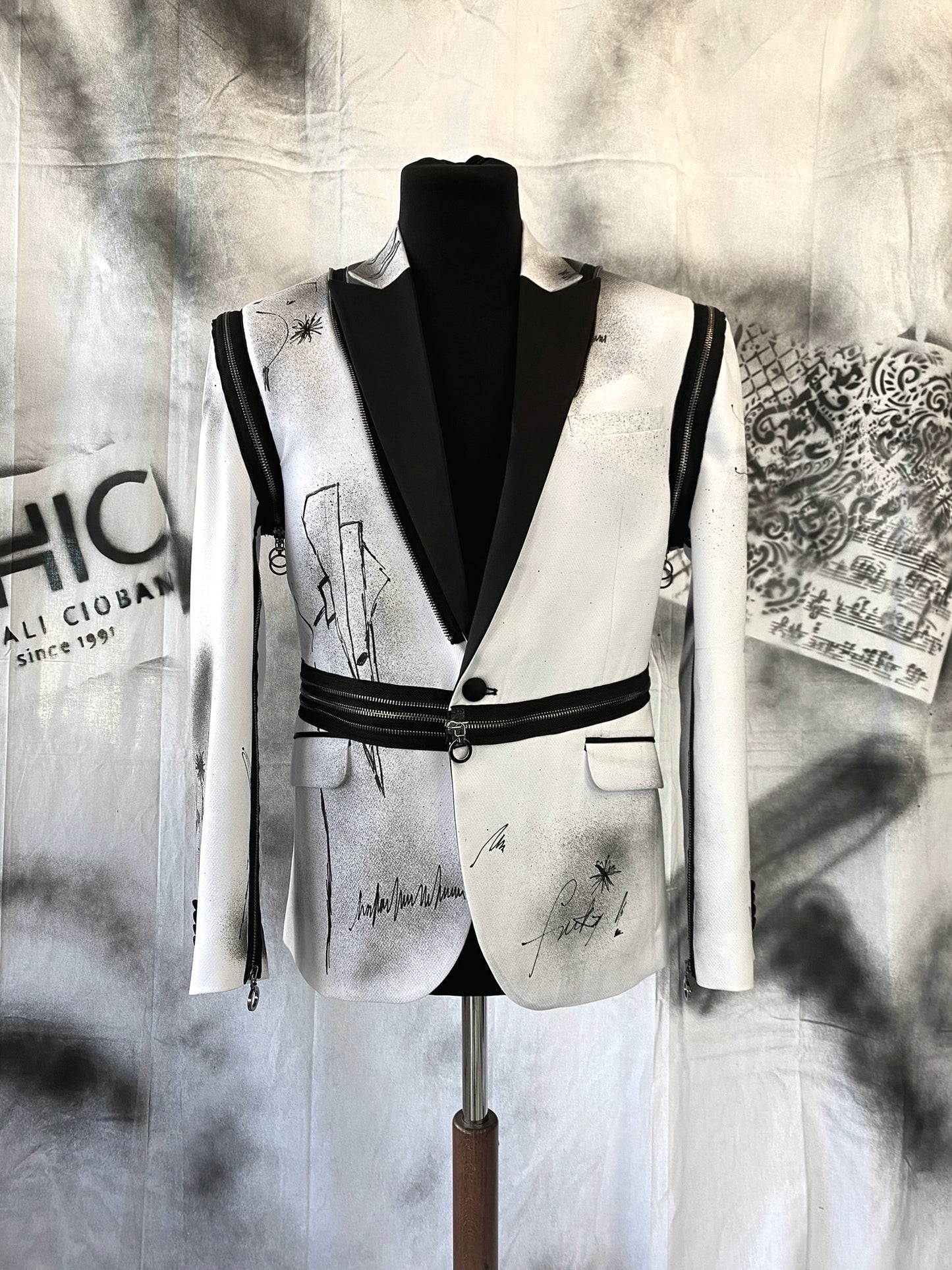 Puzzle Hand-painted Smoking Jacket With Metallic Zippers