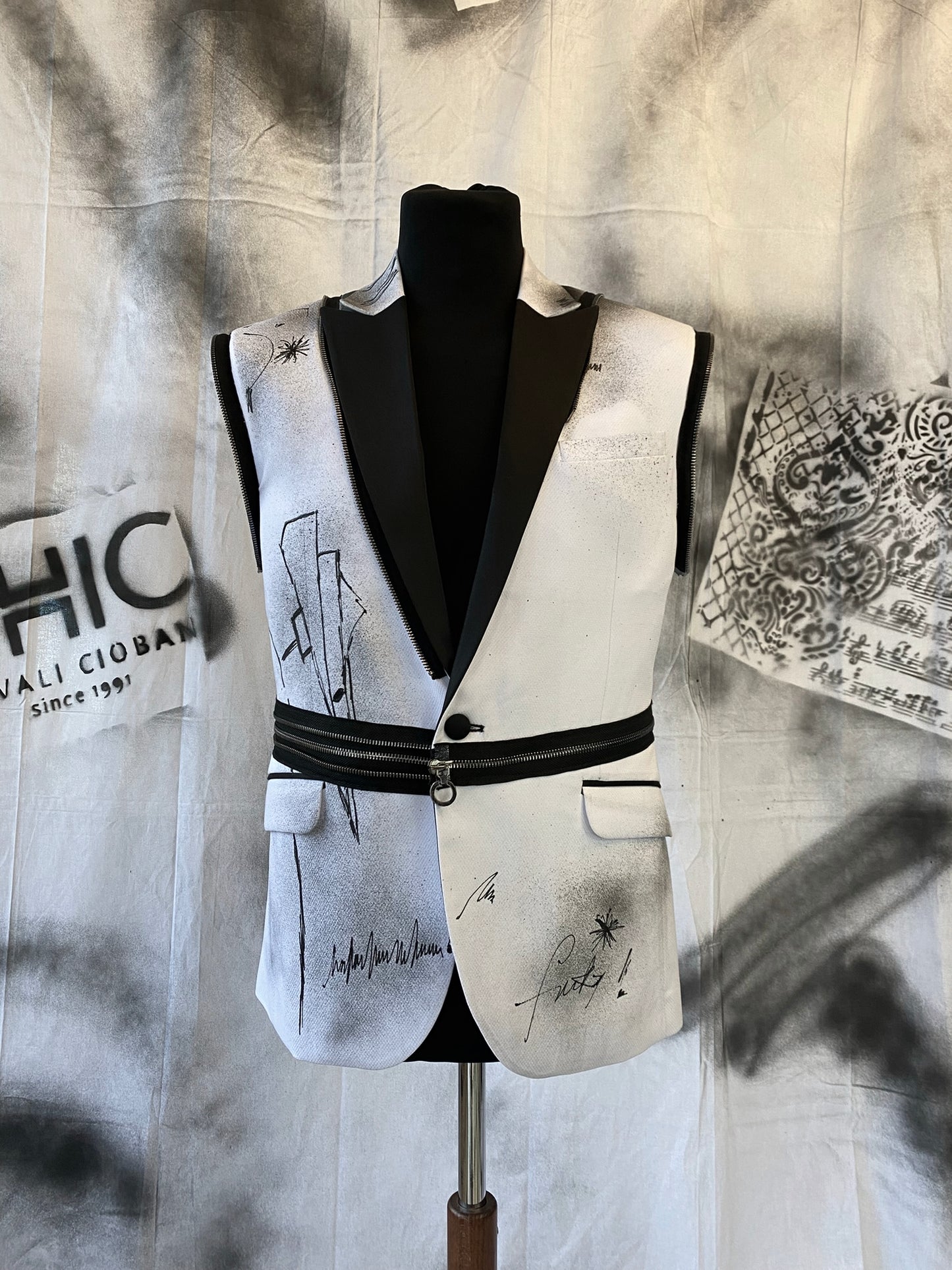 Puzzle Hand-painted Smoking Jacket With Metallic Zippers