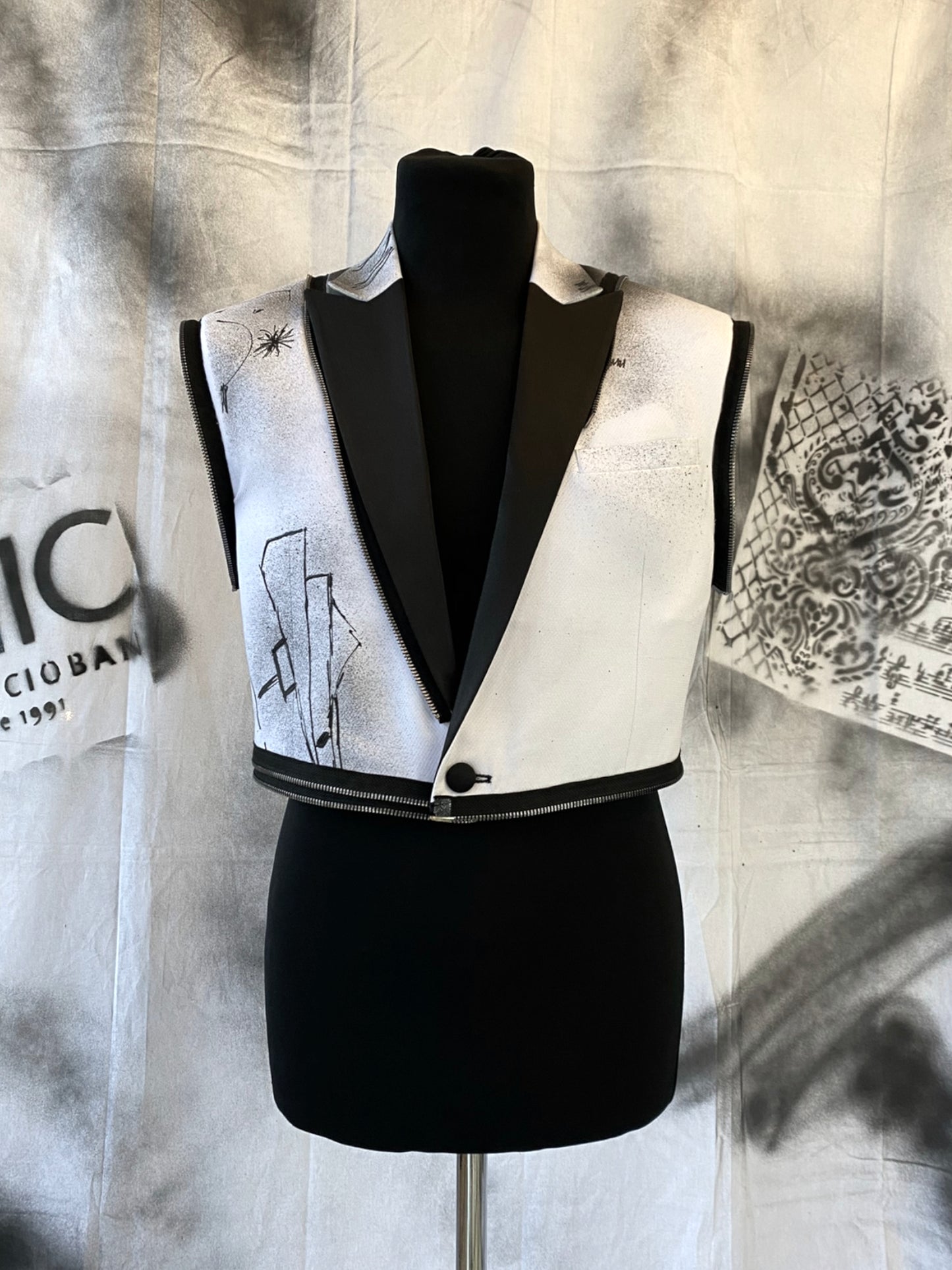 Puzzle Hand-painted Smoking Jacket With Metallic Zippers