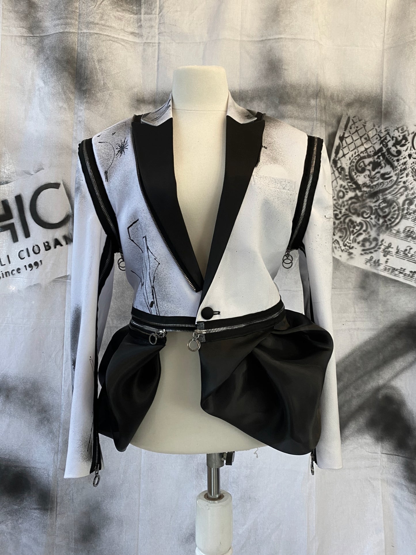 Puzzle Hand-painted Smoking Jacket With Metallic Zippers