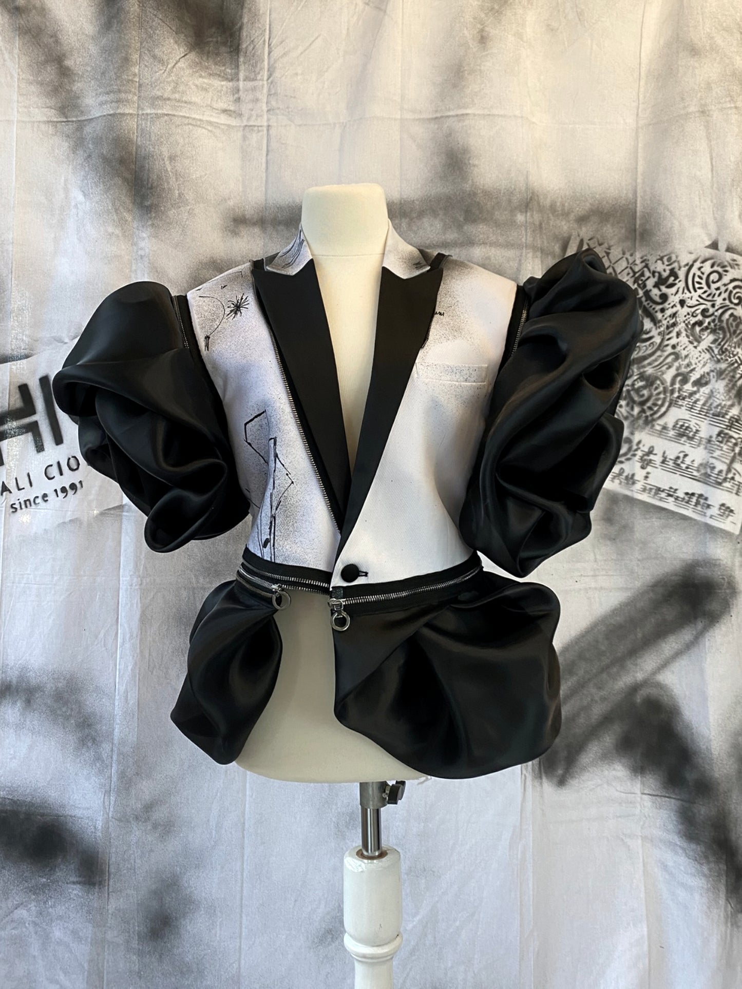Puzzle Hand-painted Smoking Jacket With Metallic Zippers