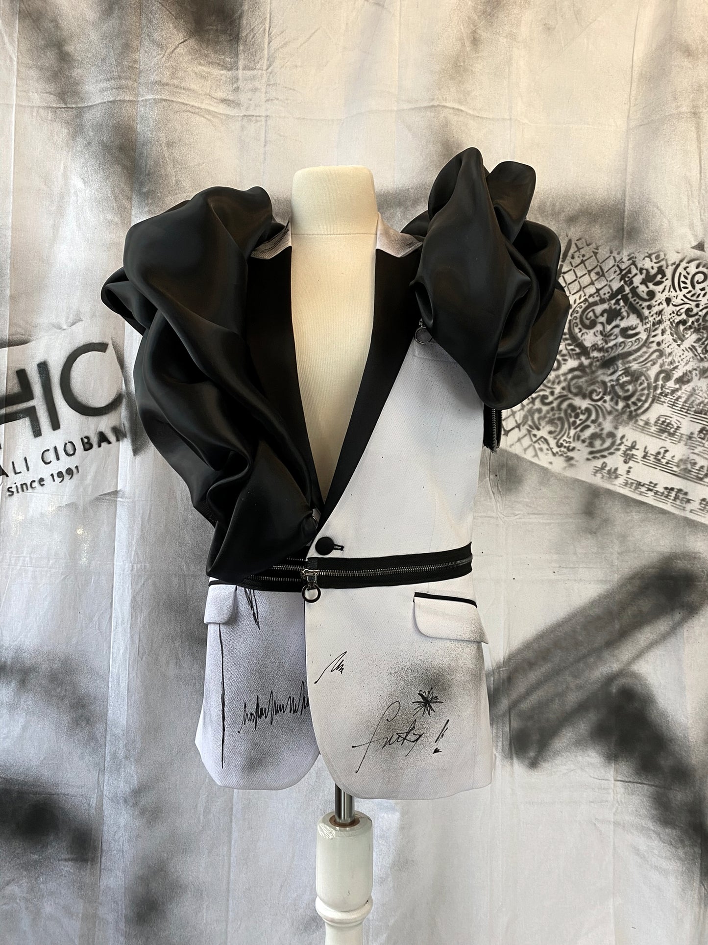 Puzzle Hand-painted Smoking Jacket With Metallic Zippers