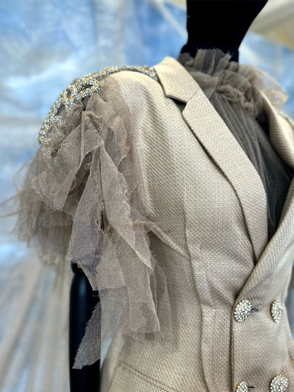 Double Breasted Jacket With 3D Embroidery And Tulle Dress