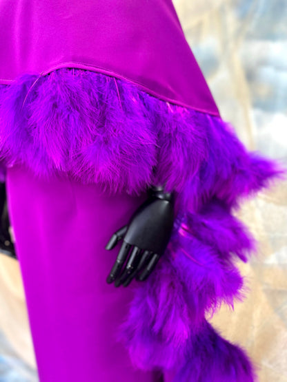 One-Shoulder Magenta Dress With Feather Trim