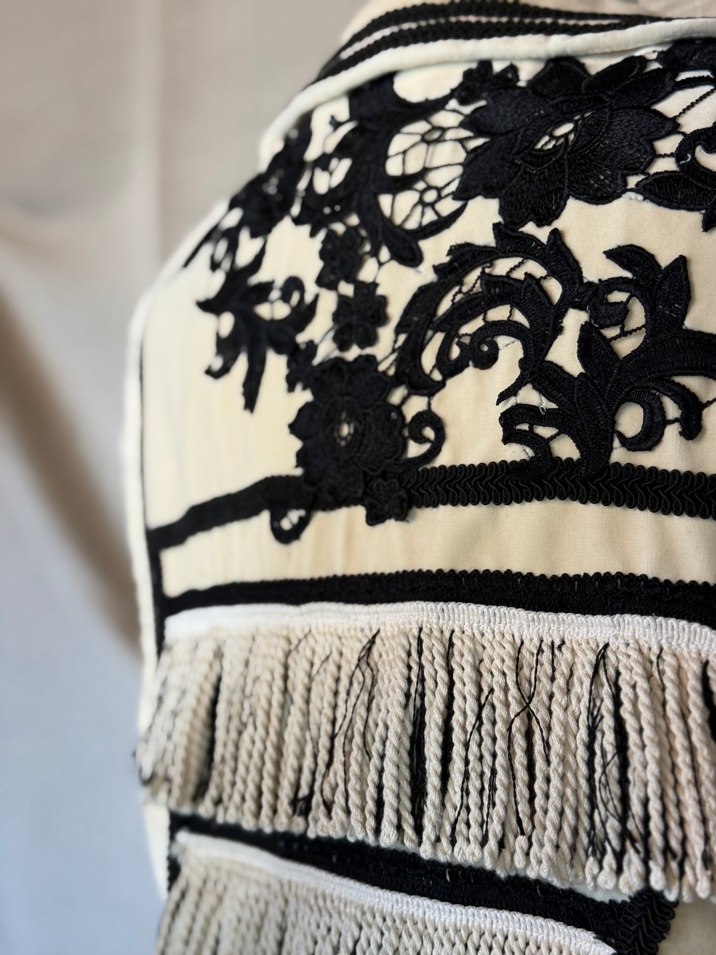 Ivory Velvet Vest with Embroidery and Fringe
