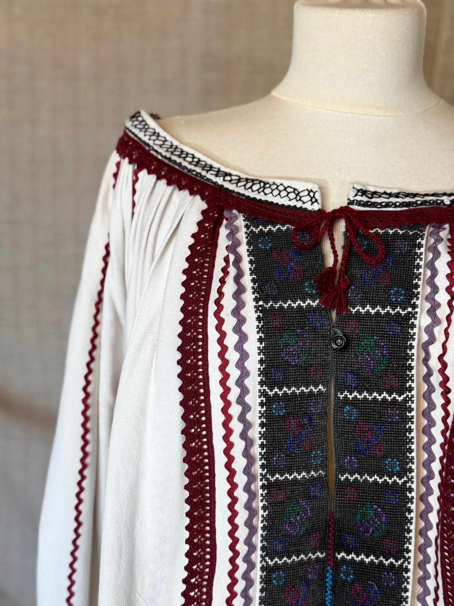 Romanian-Folklore Inspired Midi-Dress with Burgundy Embroidery