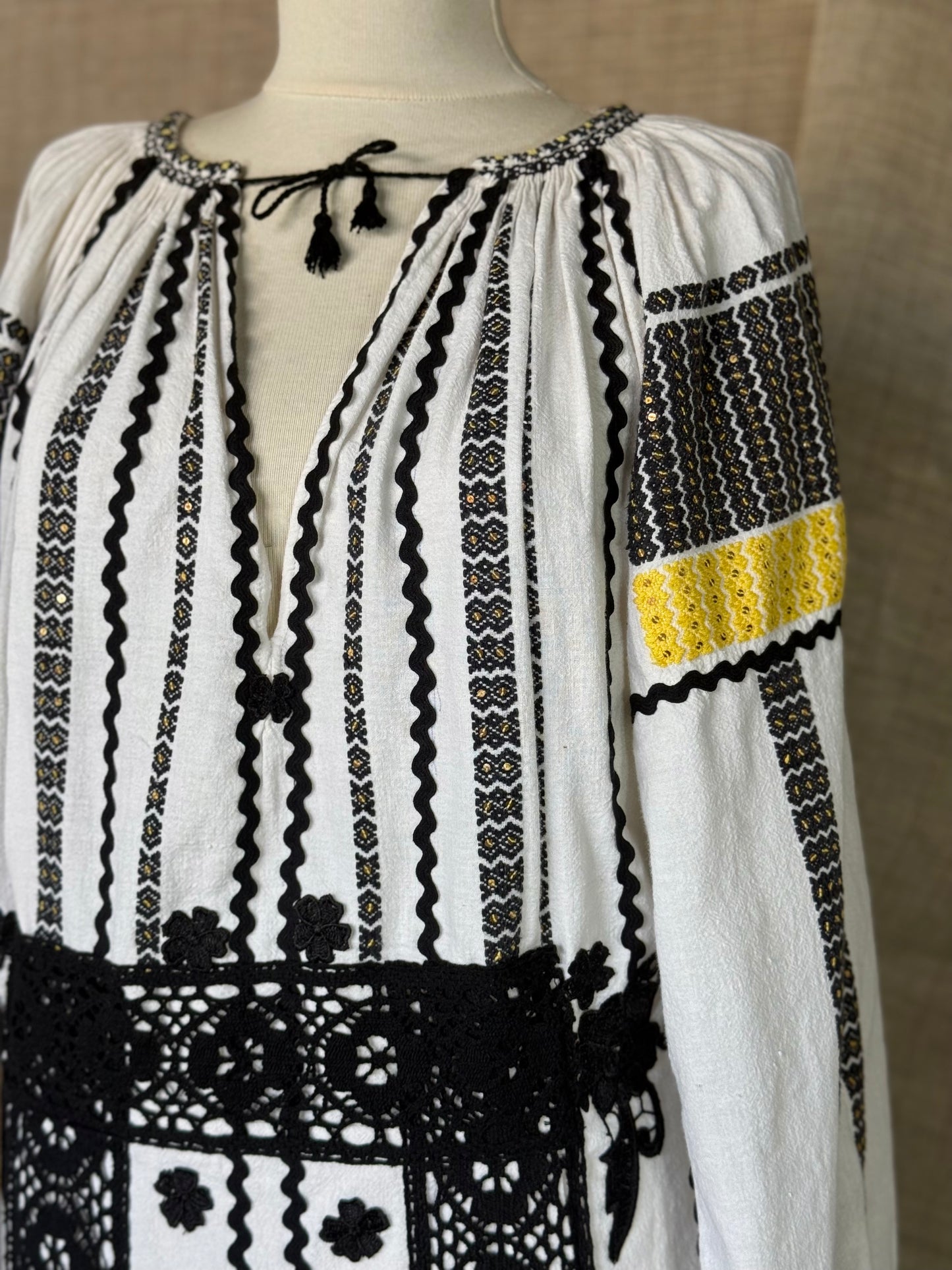 Romanian Inspired Midi-Dress With Yellow and Black Embroidery