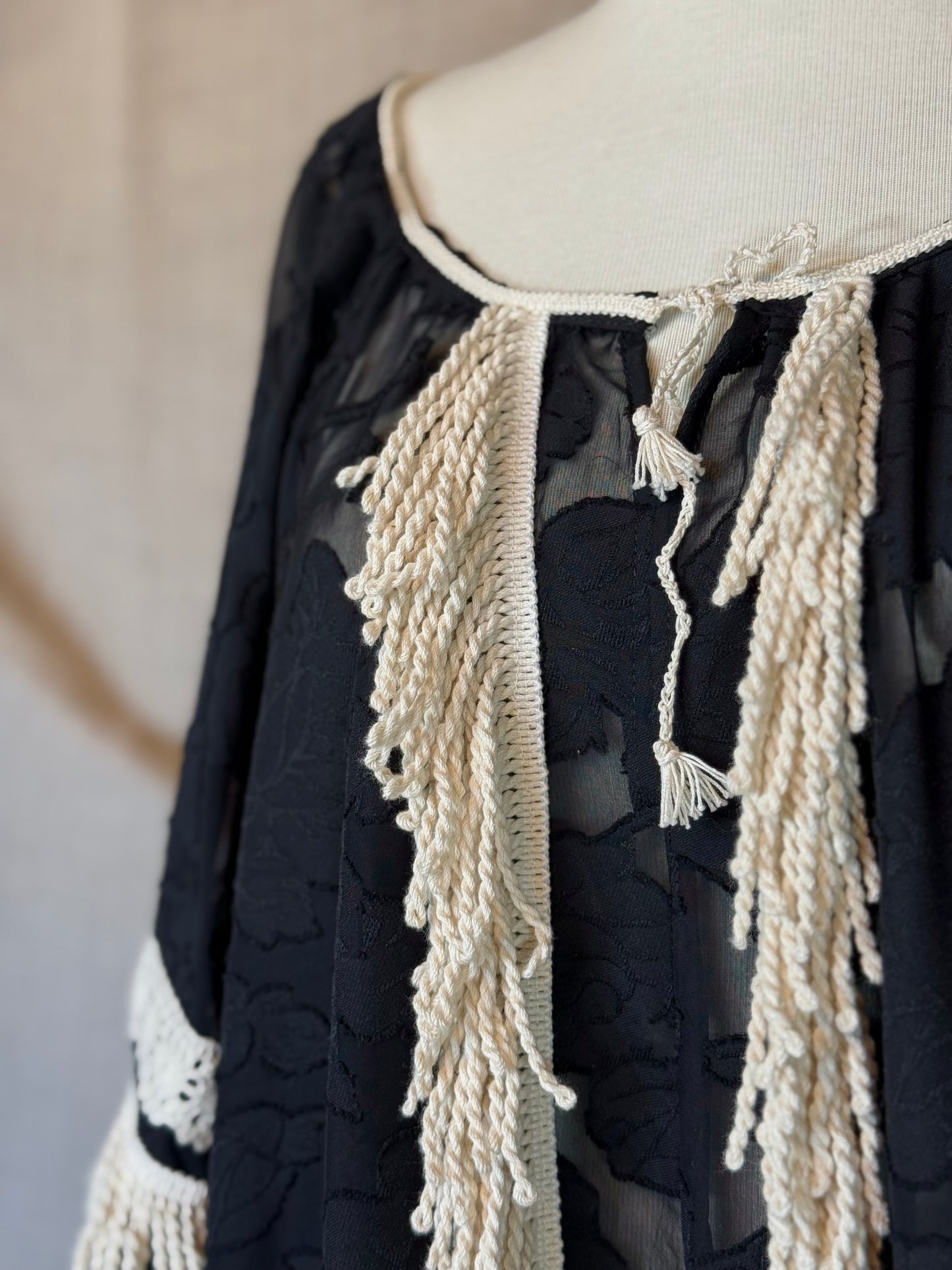 Black Floral Romanian Blouse With Ivory Fringe