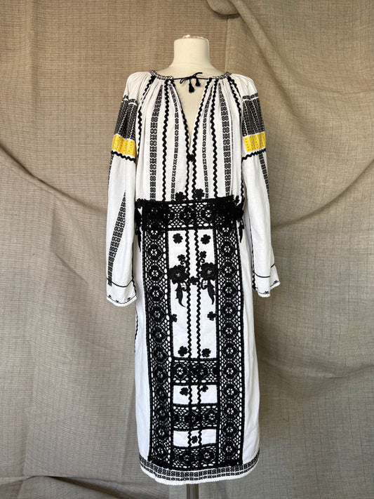 Romanian Inspired Midi-Dress With Yellow and Black Embroidery