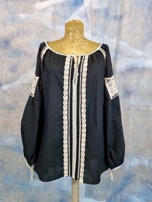 Black Romanian Blouse With Lace Details