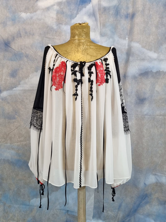 White Romanian Blouse With Black And Red Lace Details