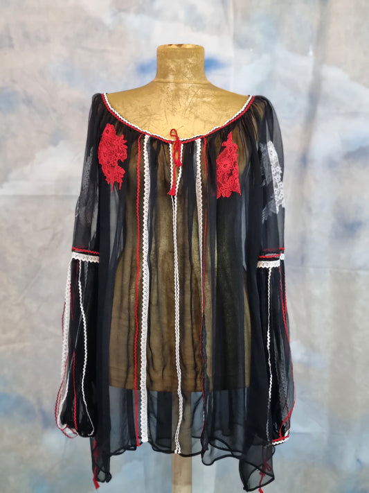 Black Silk Romanian Blouse With Red And White Lace Details