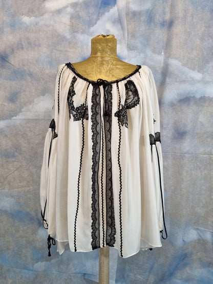 White Silk Romanian Blouse With Black Lace Details